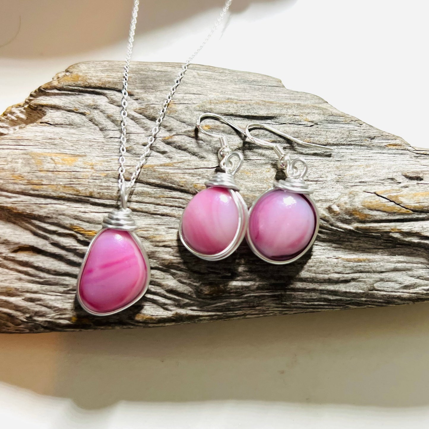 Pale Pink Milky Sea Glass Multi Tone Jewellery Set
