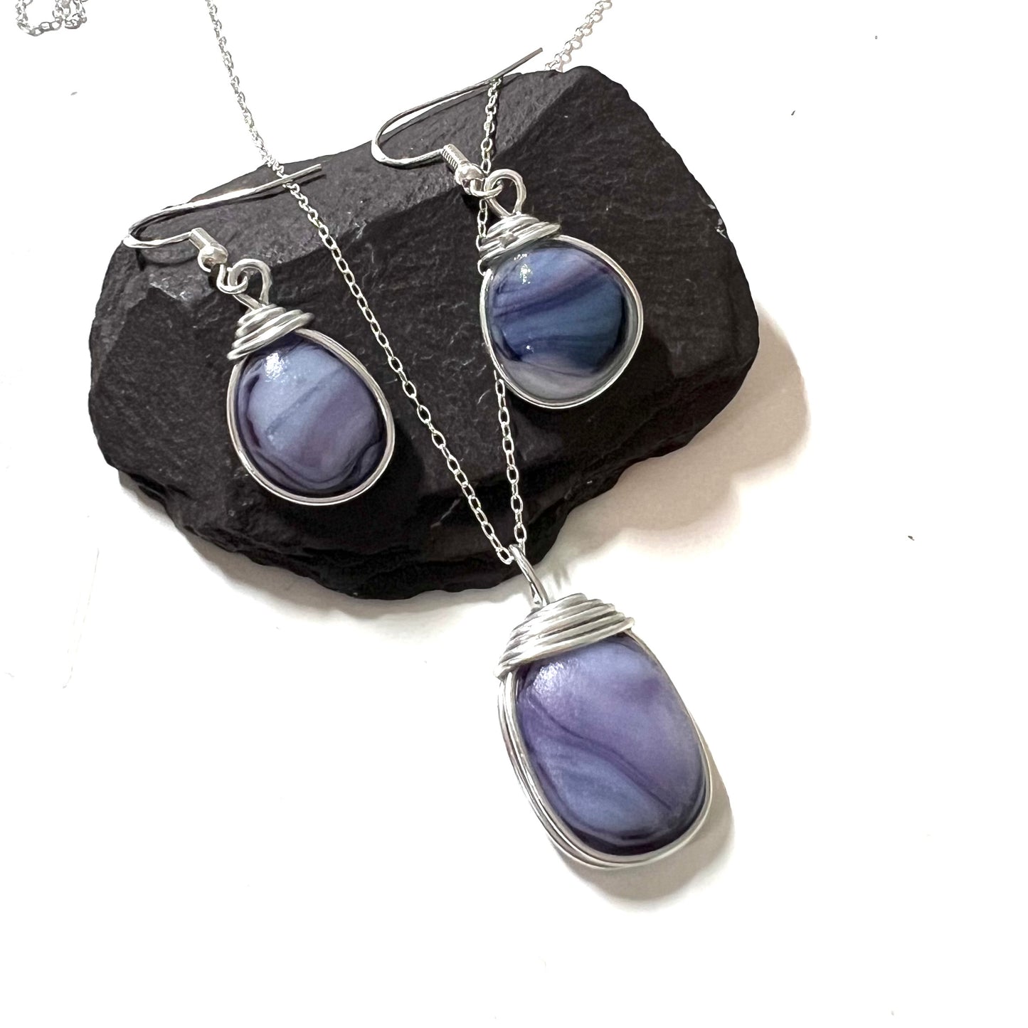 Lilac Purple Milky Sea Glass Multi Tone Jewellery Set