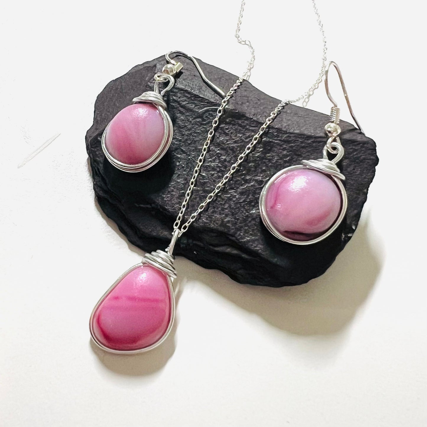 Pale Pink Milky Sea Glass Multi Tone Jewellery Set