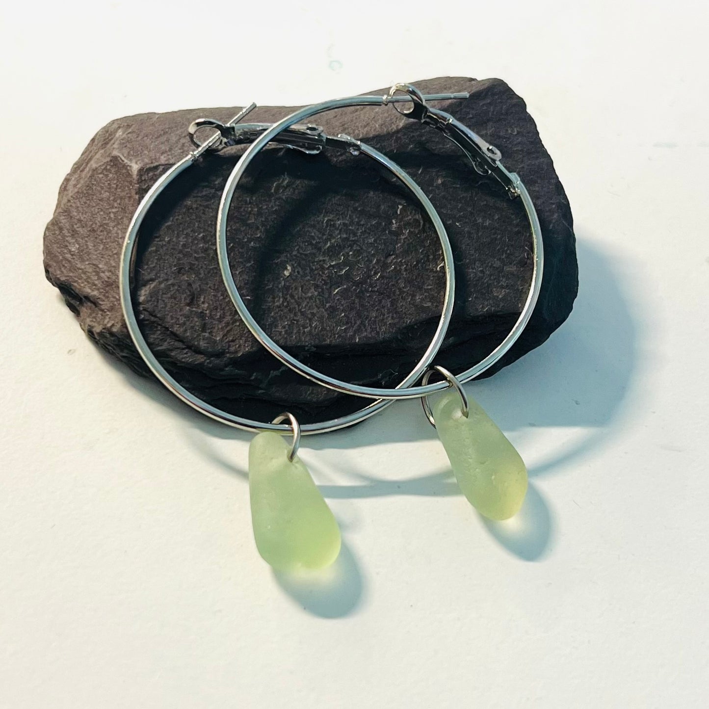 Pale Green Seaham Sea Glass Hoop Earrings