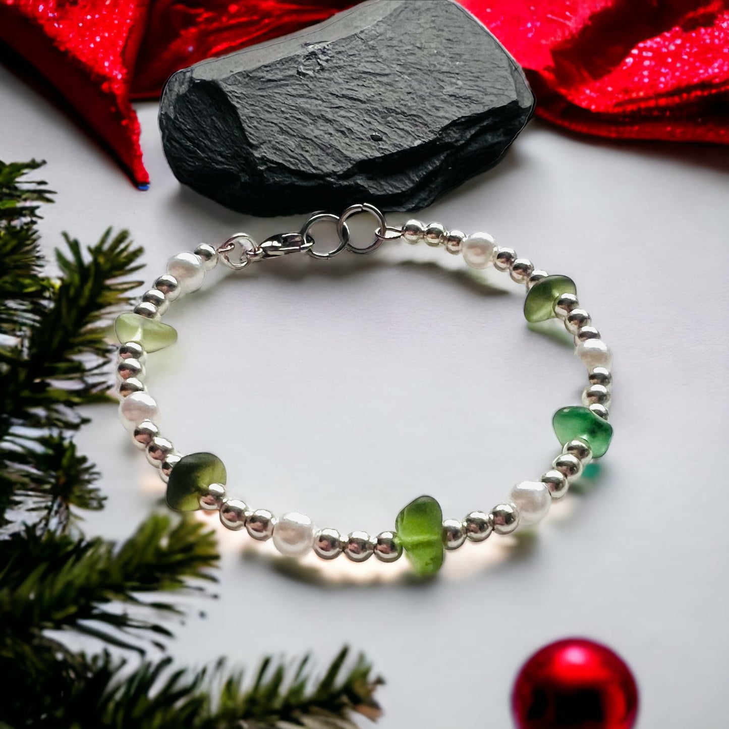 Seaham Sea Glass and Glass Pearl Bracelet