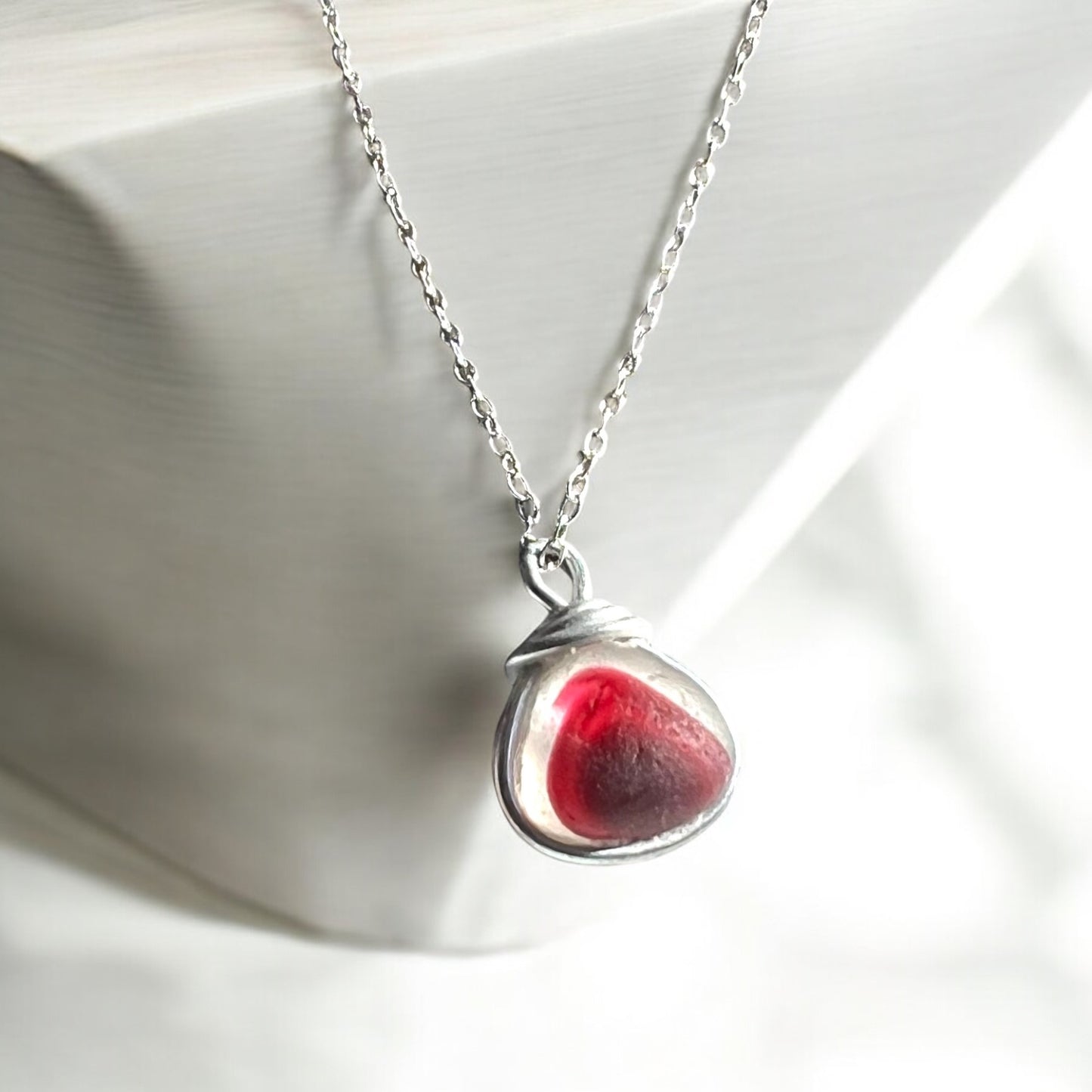 Rare Red Seaham Sea Glass Multi Tone Pendant .