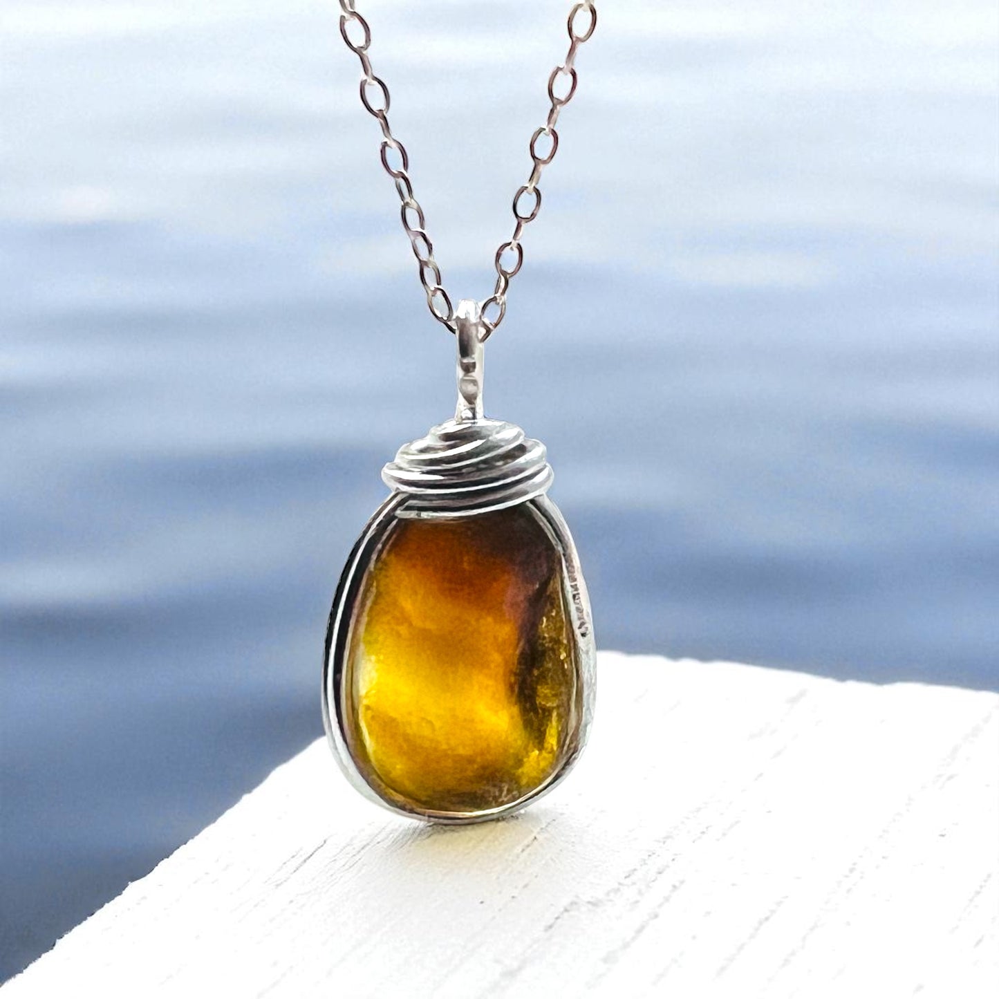 Yellow and Brown Seaham Sea Glass Pendant on a 20” Sterling Silver Chain .
