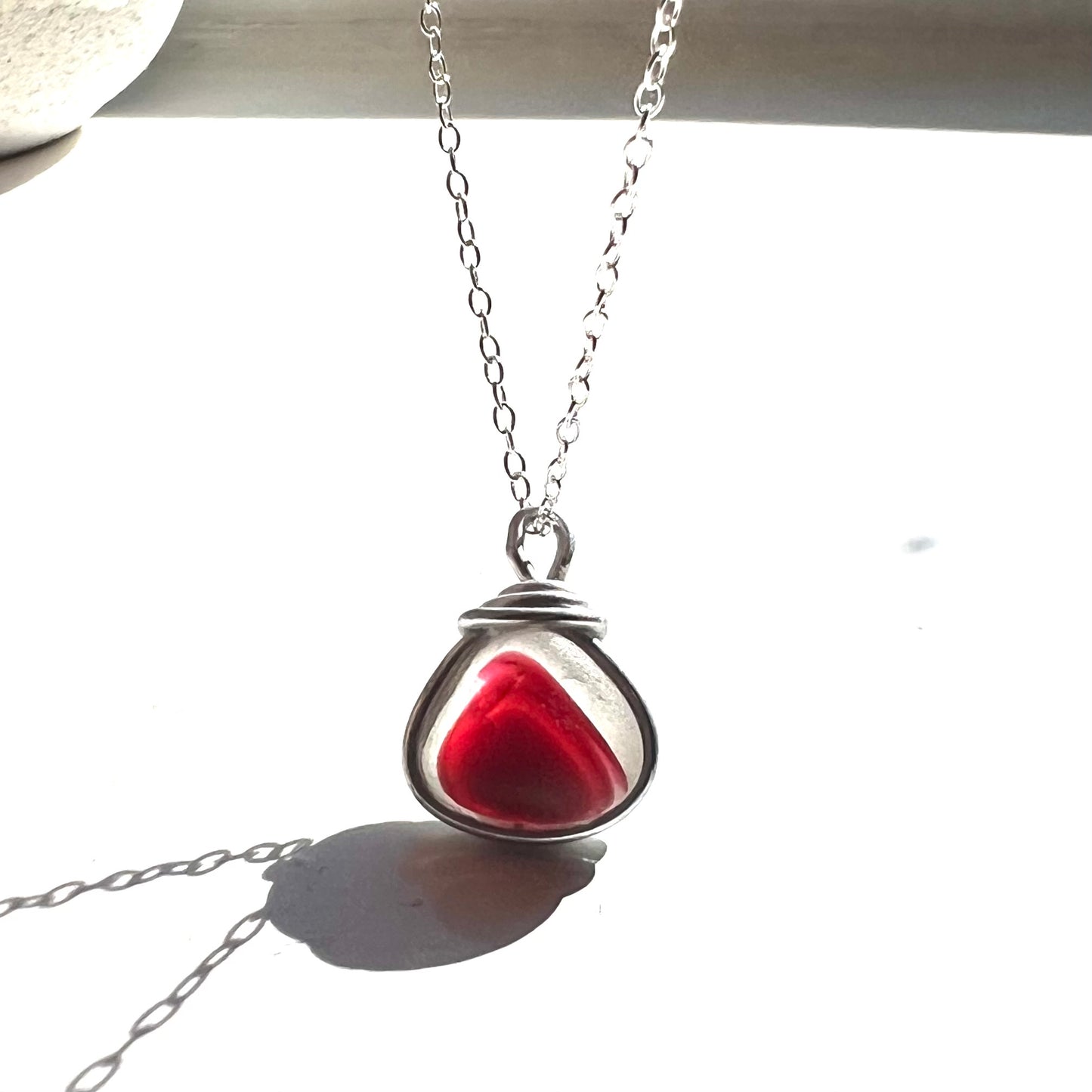 Rare Red Seaham Sea Glass Multi Tone Pendant .