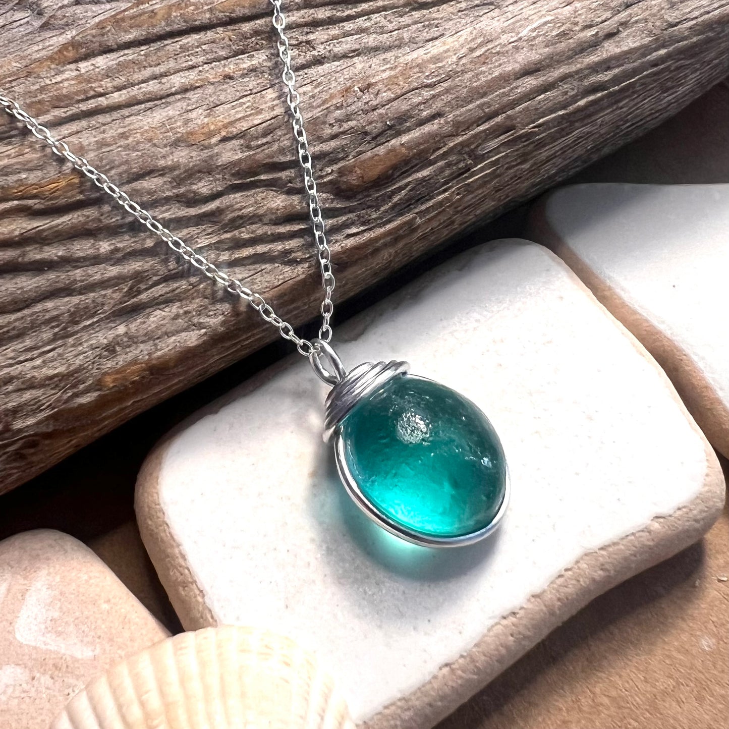 Canary Island Rare Turquoise Green Sea Glass Pendant