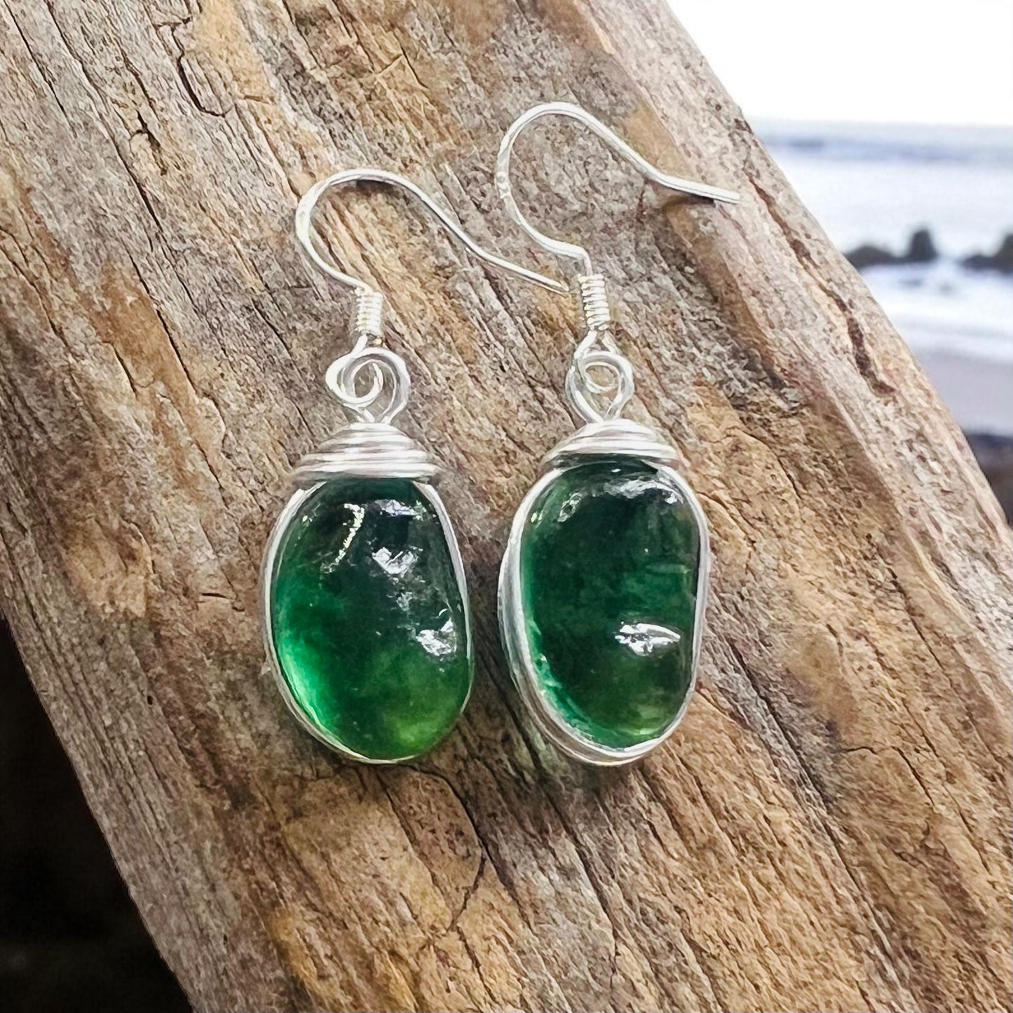 Chunky Turquoise Green Seaham Sea Glass Earrings