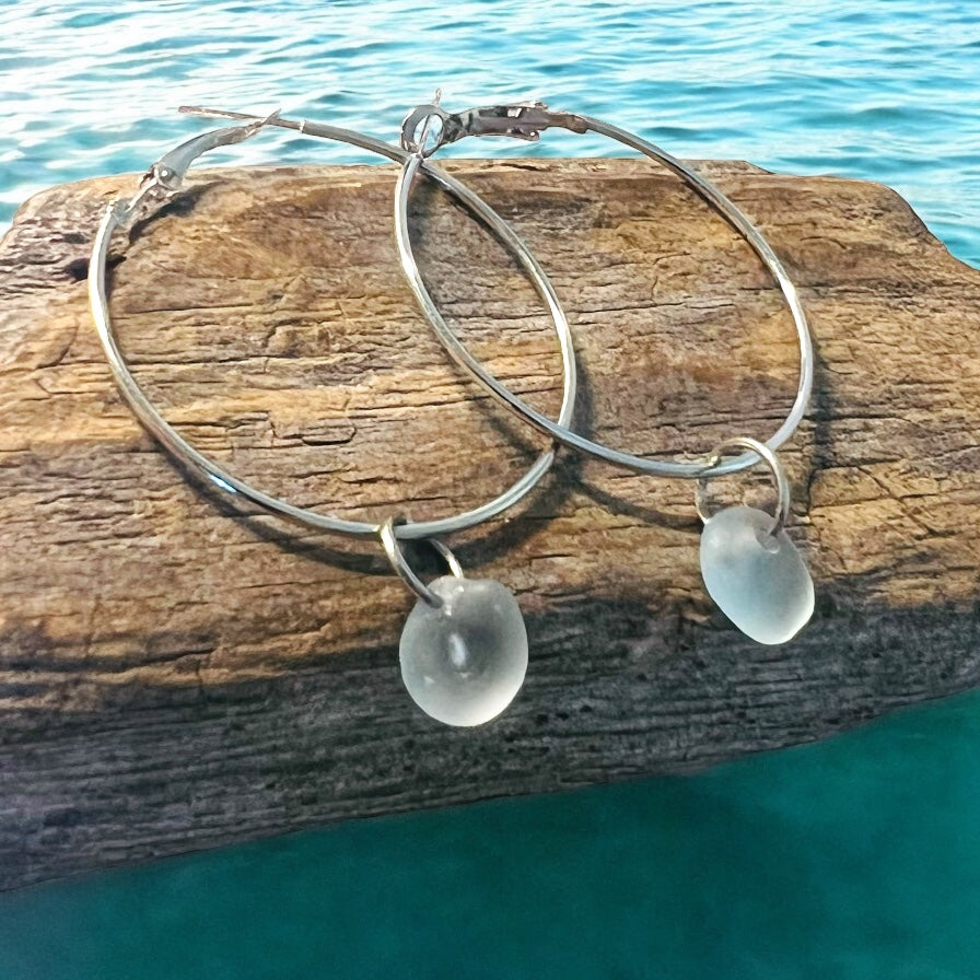 Pale Dusky Blue/Gray Seaham Sea Glass Hoop Earrings