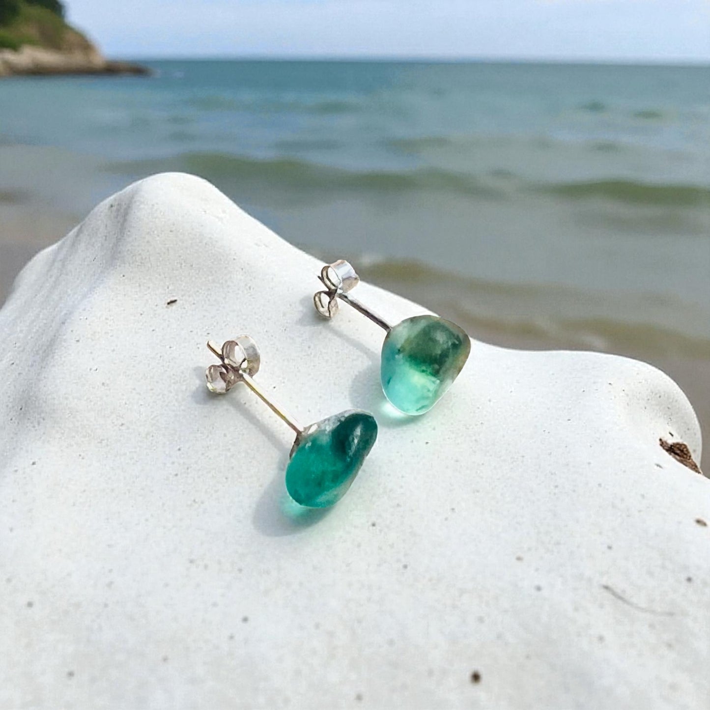 Teal Green Seaham Sea Glass Stud Earrings
