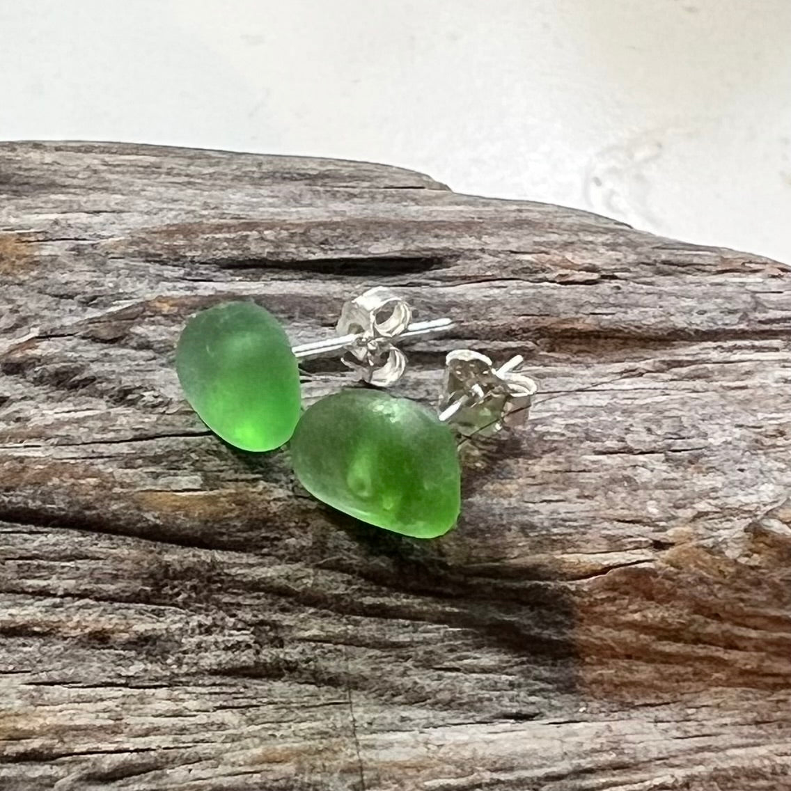 Bright Lime Green Canary Sea Glass Stud Earrings
