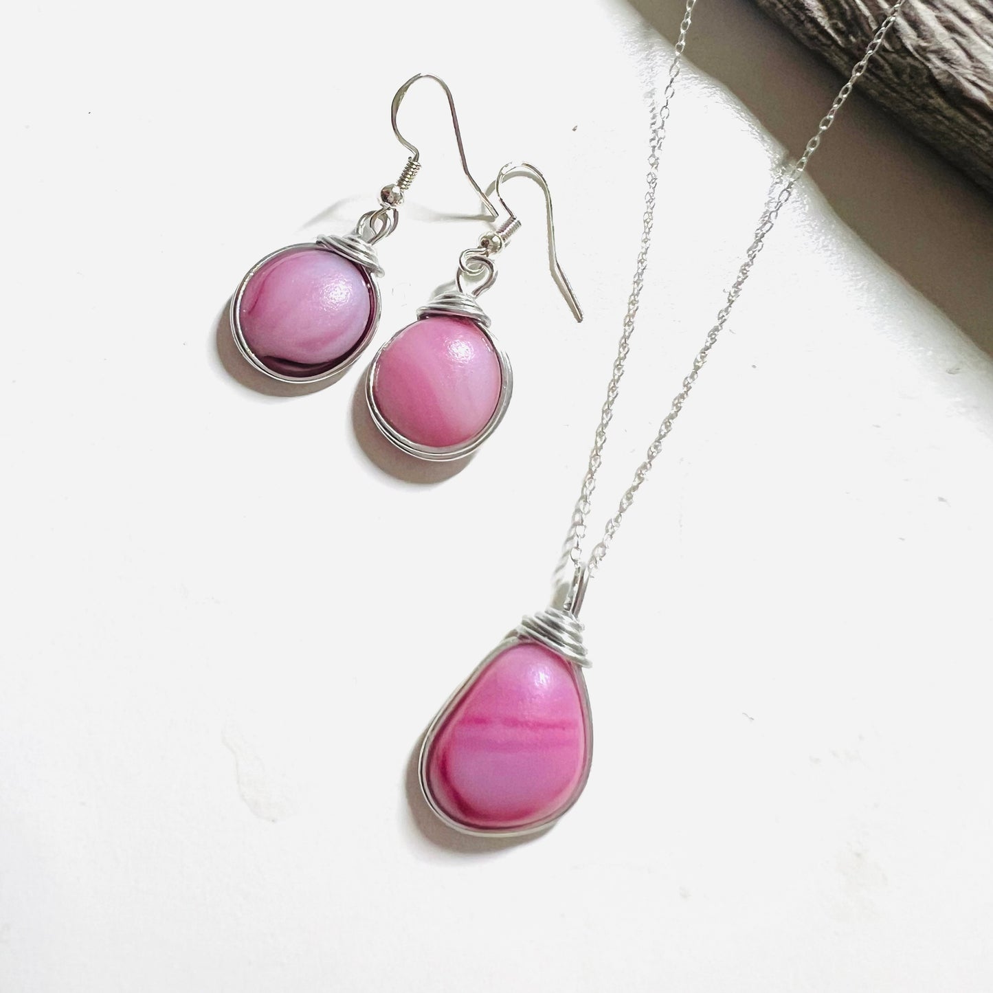 Pale Pink Milky Sea Glass Multi Tone Jewellery Set