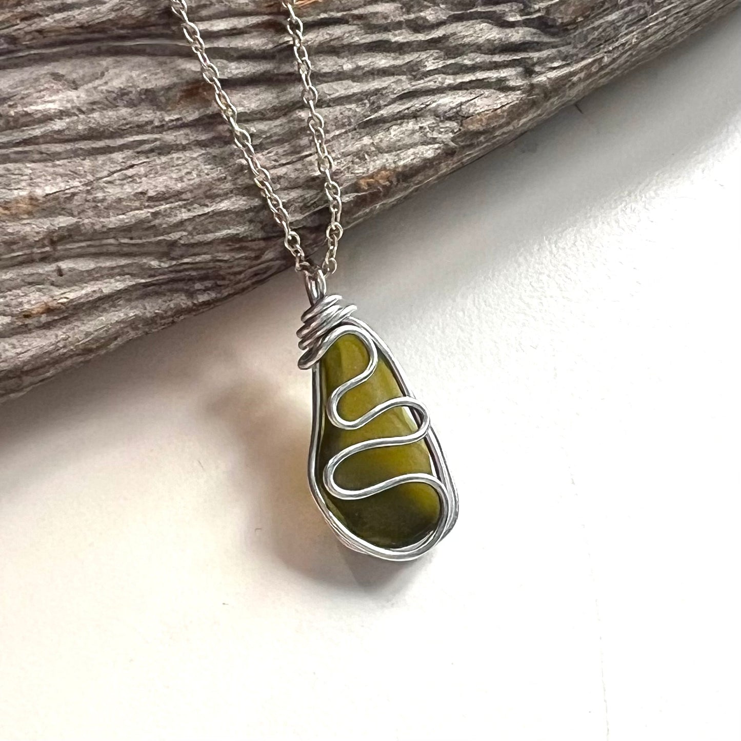 Olive Green Waves Seaham Sea Glass Pendant