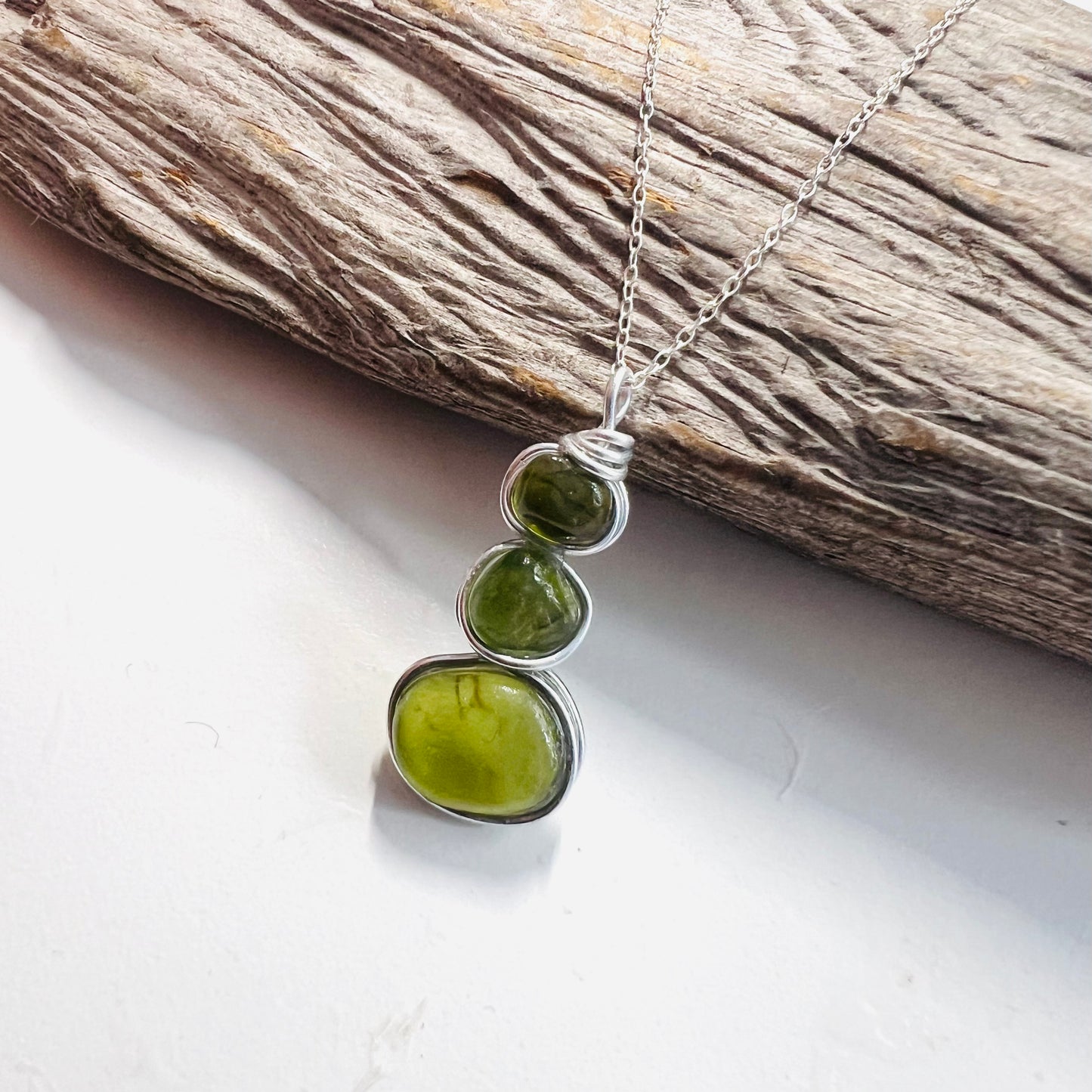 Three Piece Olive Green Seaham Sea Glass Pendant