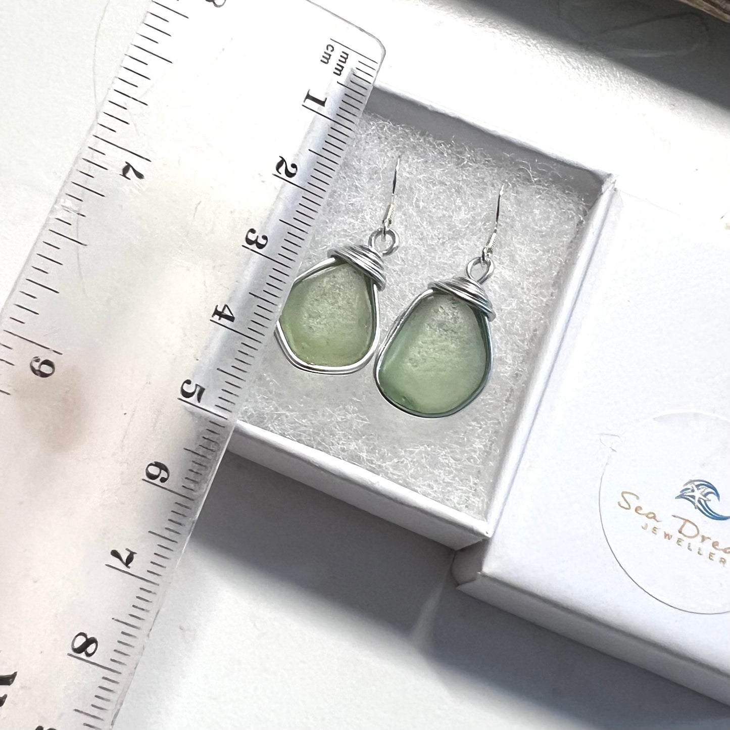 Pale Green Dangly Seaham Sea Glass Earrings
