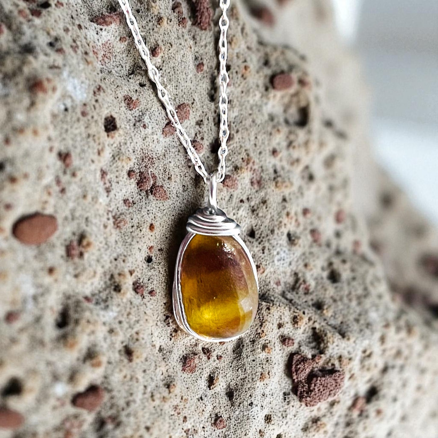 Yellow and Brown Seaham Sea Glass Pendant on a 20” Sterling Silver Chain .