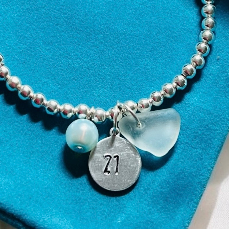 Hand Stamped Age or Date/ Initials Charm and Sea Glass Bracelet