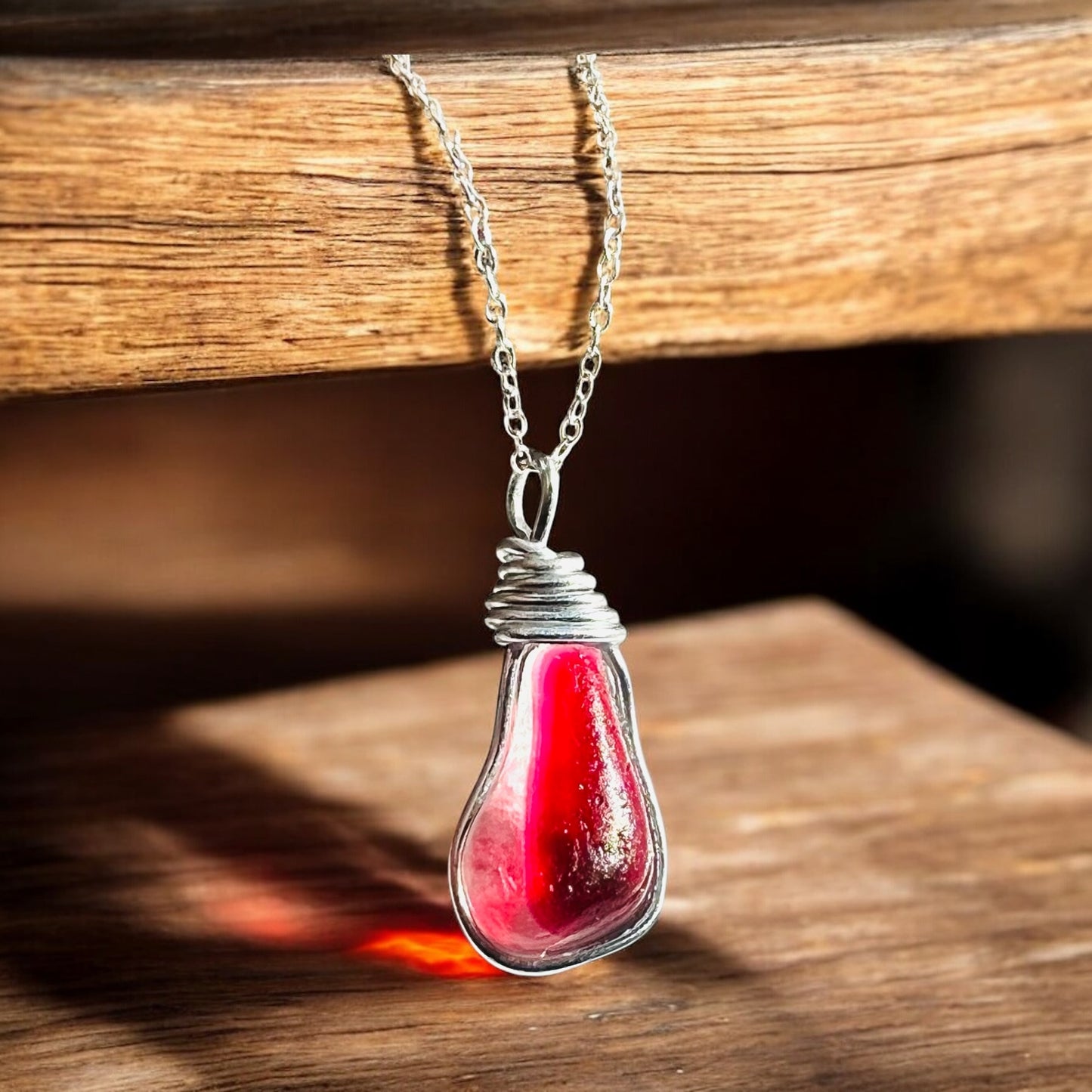 Rare Large Deep Pink/Red Seaham Sea Glass Multi Tone Pendant .