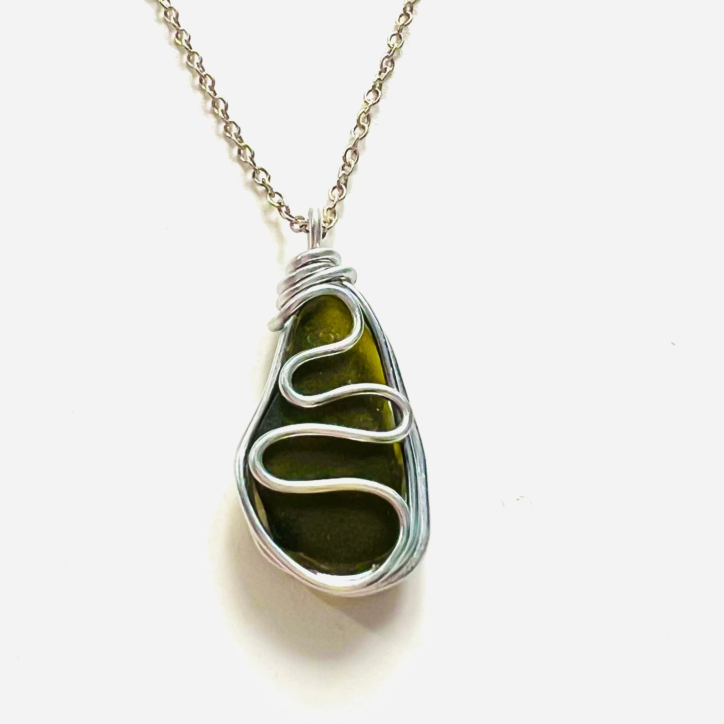 Olive Green Waves Seaham Sea Glass Pendant
