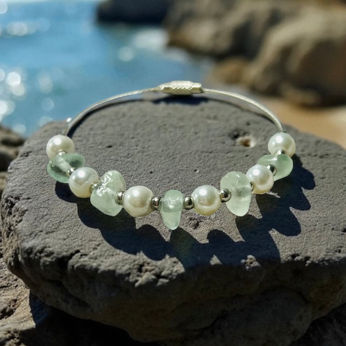 Devon Sea Glass and Glass Pearl Bracelet