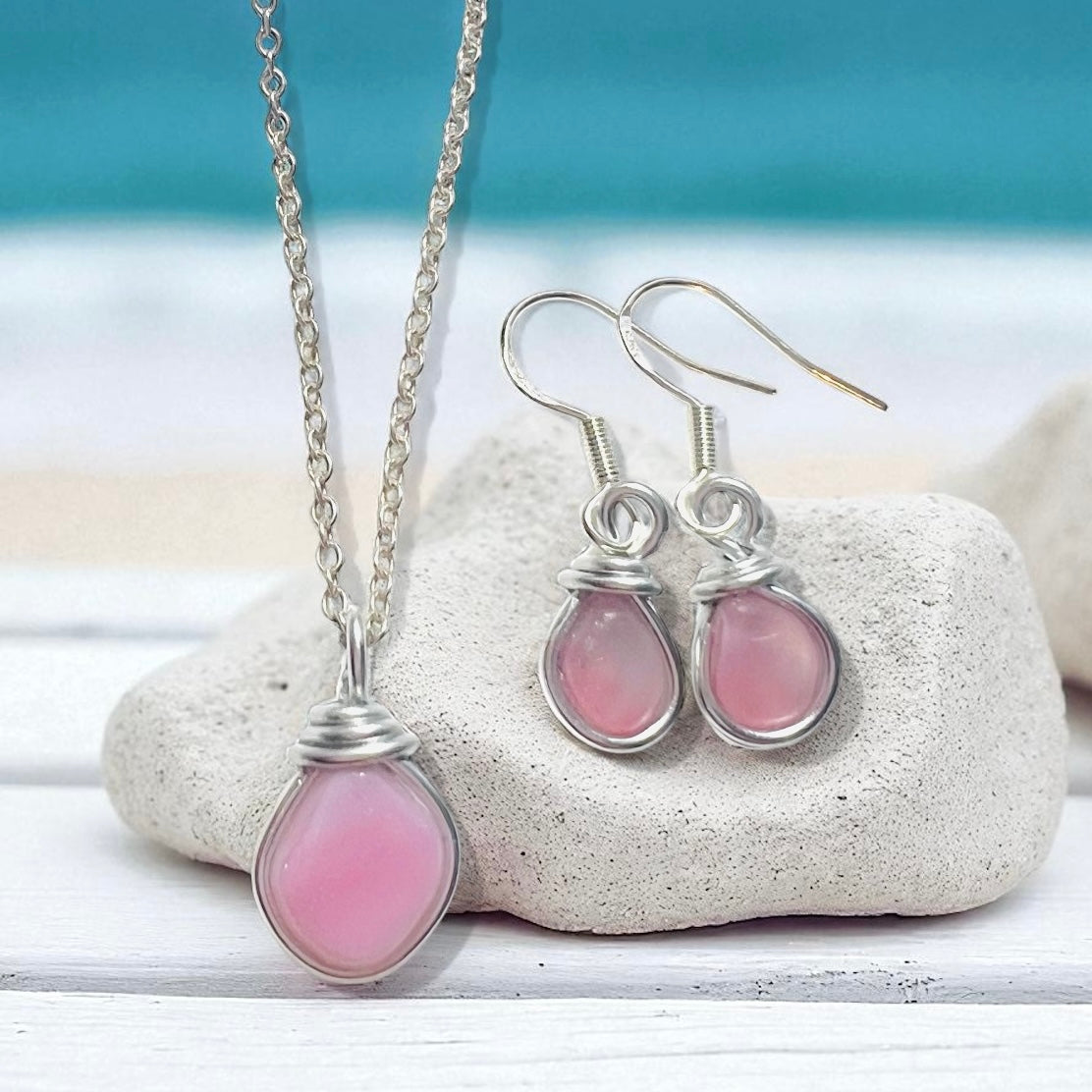Pink Milky Sea Glass Jewellery Set