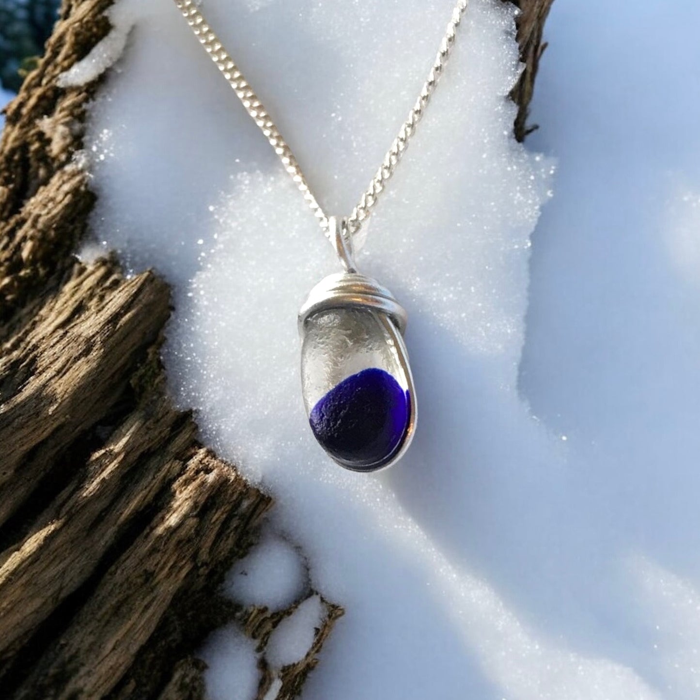 Deep Blue Spot Sea Glass Pendant on a Sterling Silver Chain