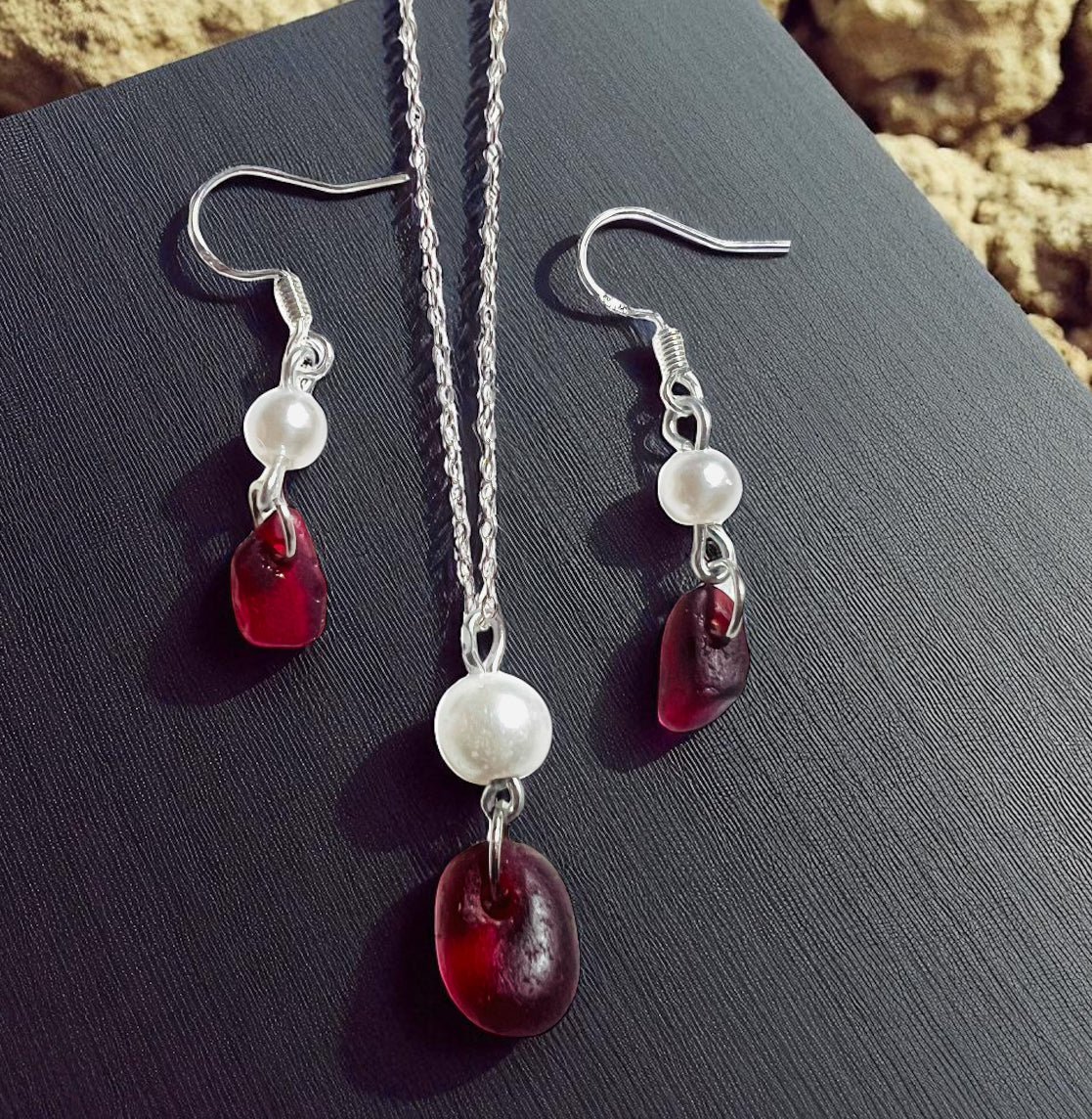 Burgundy Red and Glass Pearl Seaham Sea Glass Jewellery Set