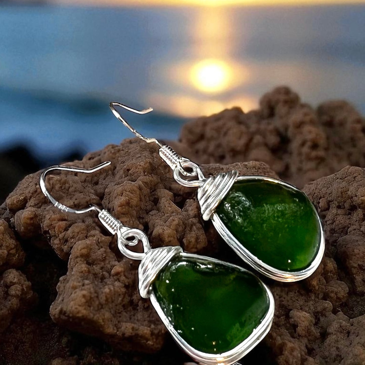 Chunky Green Seaham Sea Glass Earrings