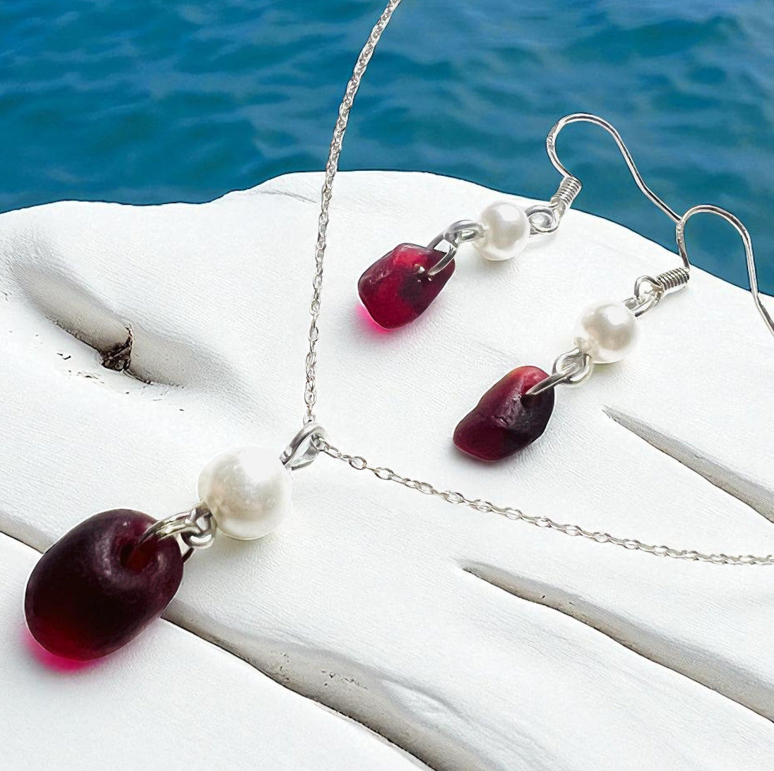Burgundy Red and Glass Pearl Seaham Sea Glass Jewellery Set