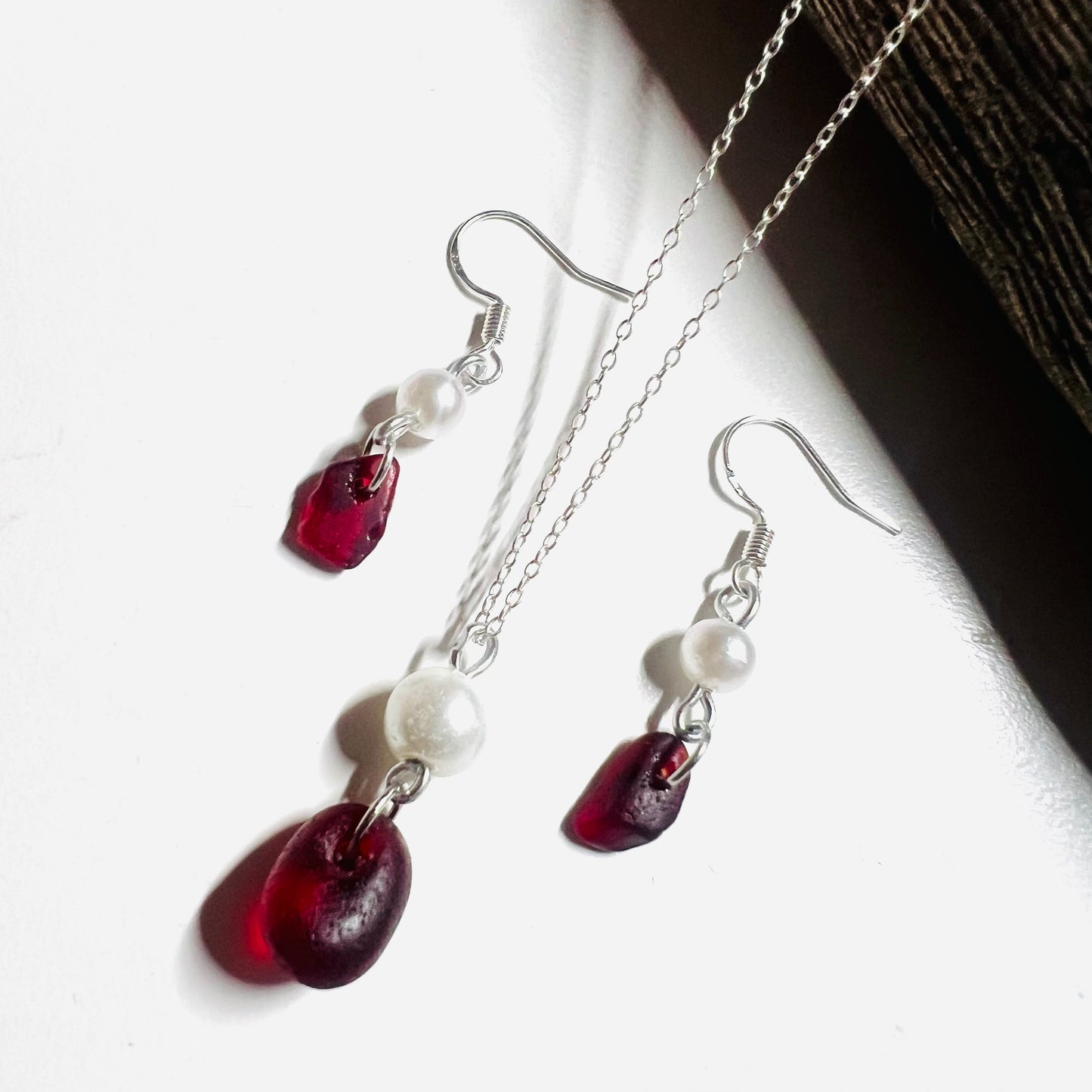 Burgundy Red and Glass Pearl Seaham Sea Glass Jewellery Set