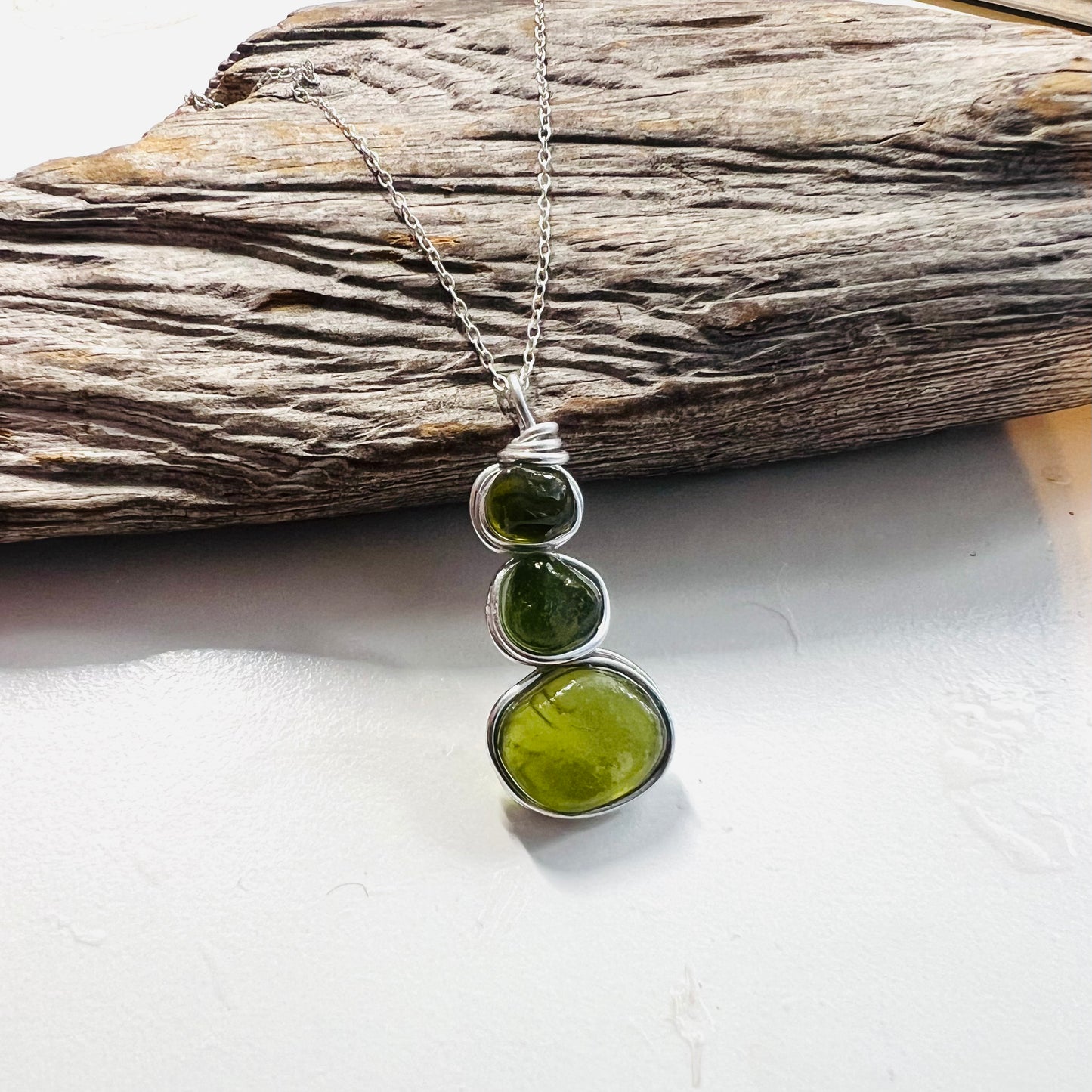 Three Piece Olive Green Seaham Sea Glass Pendant