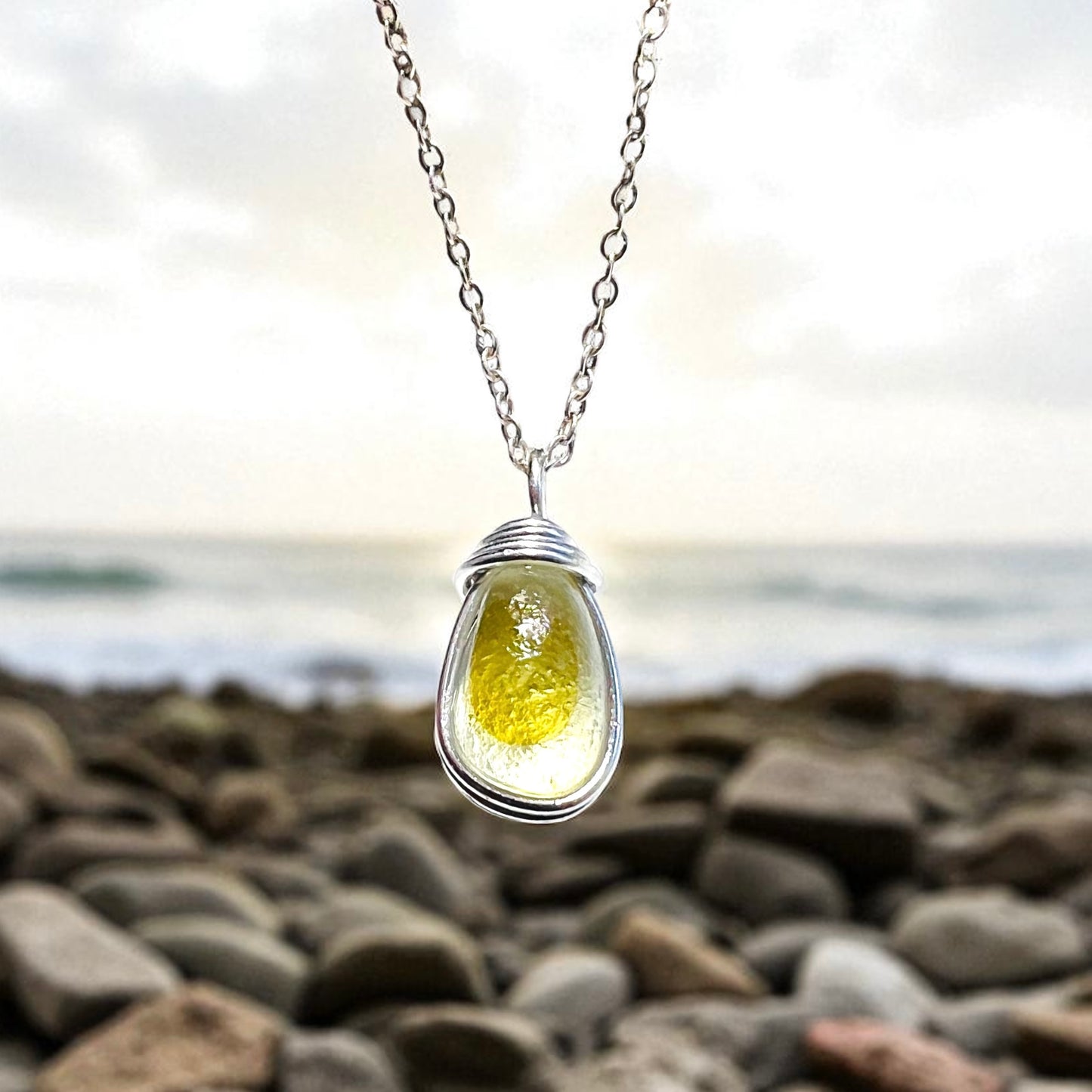 Pale Yellow and White Seaham Sea Glass Multi Pendant