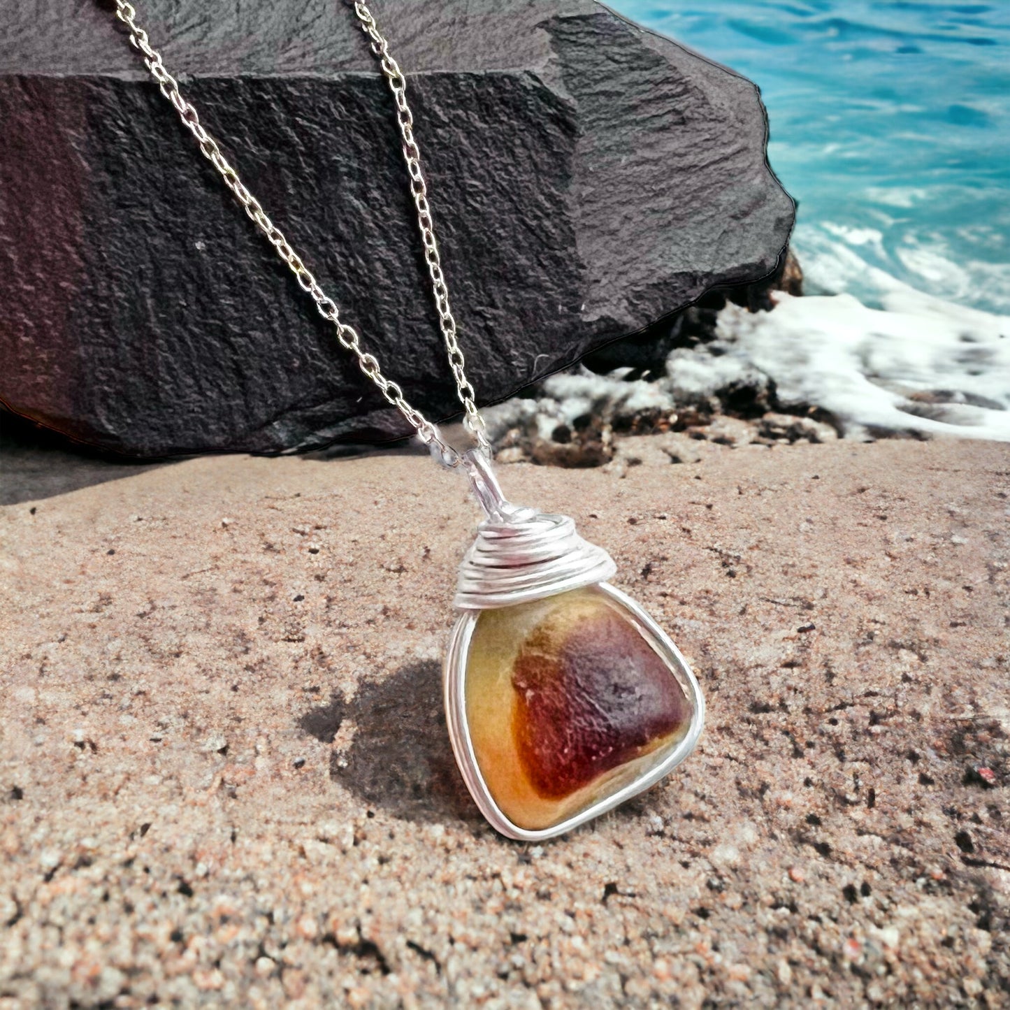 Yellow and Brown Seaham Sea Glass Pendant on a 20” Sterling Silver Chain .