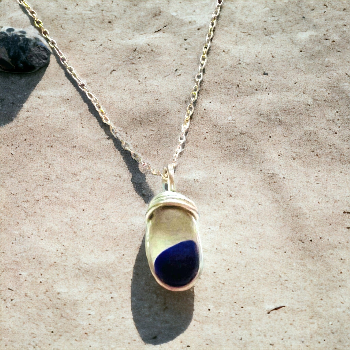 Deep Blue Spot Sea Glass Pendant on a Sterling Silver Chain