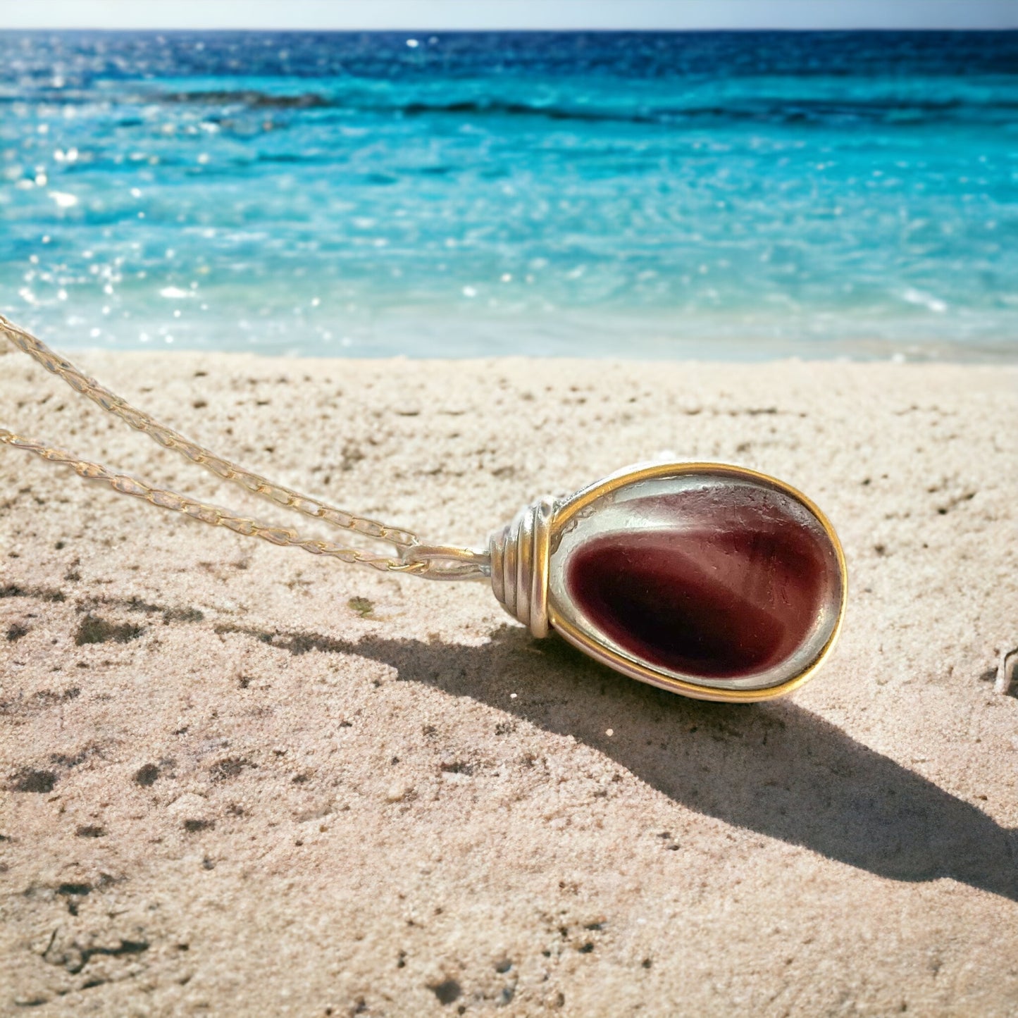 Large Burgundy Seaham Sea Glass Multi Pendant