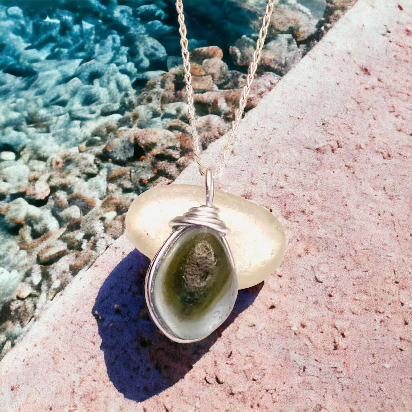Olive Green Seaham Sea Glass Chunky Pendant