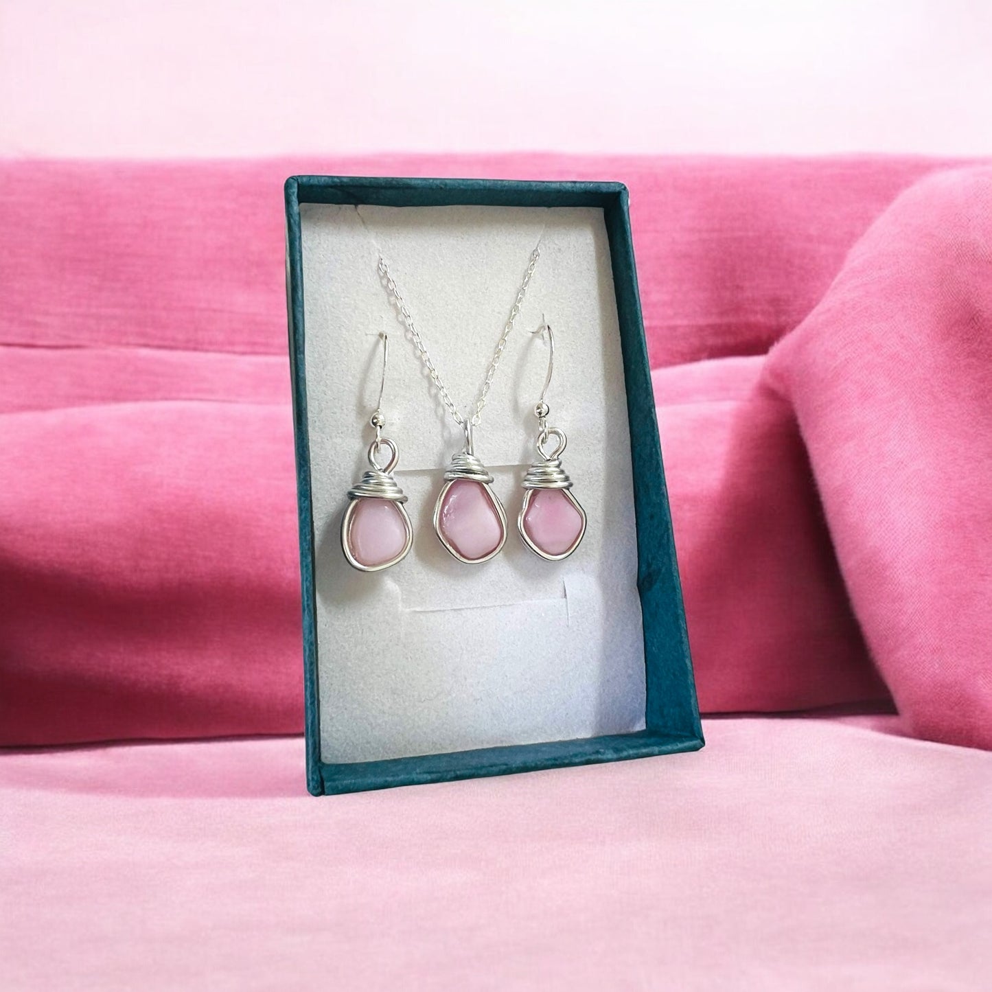 Rare Milky Pink Seaham Sea Glass Jewellery Set