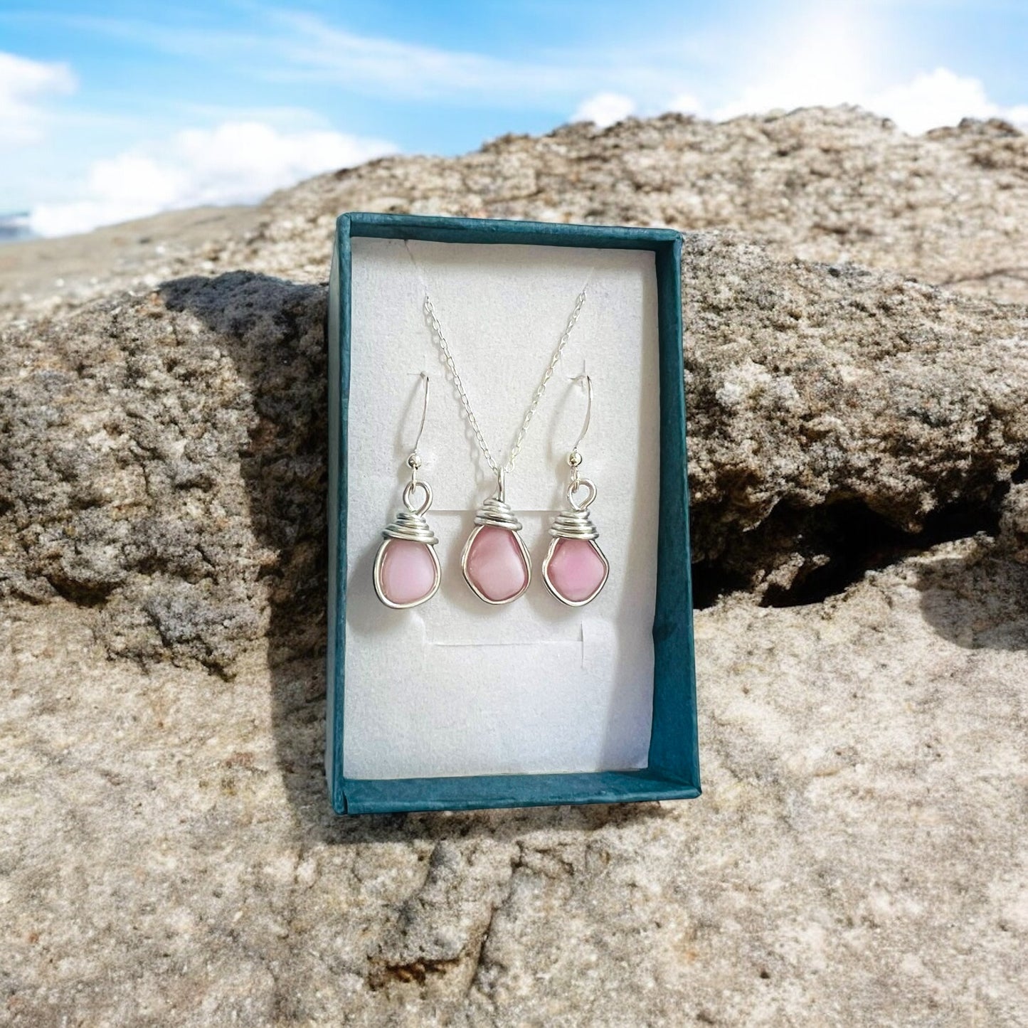 Rare Milky Pink Seaham Sea Glass Jewellery Set