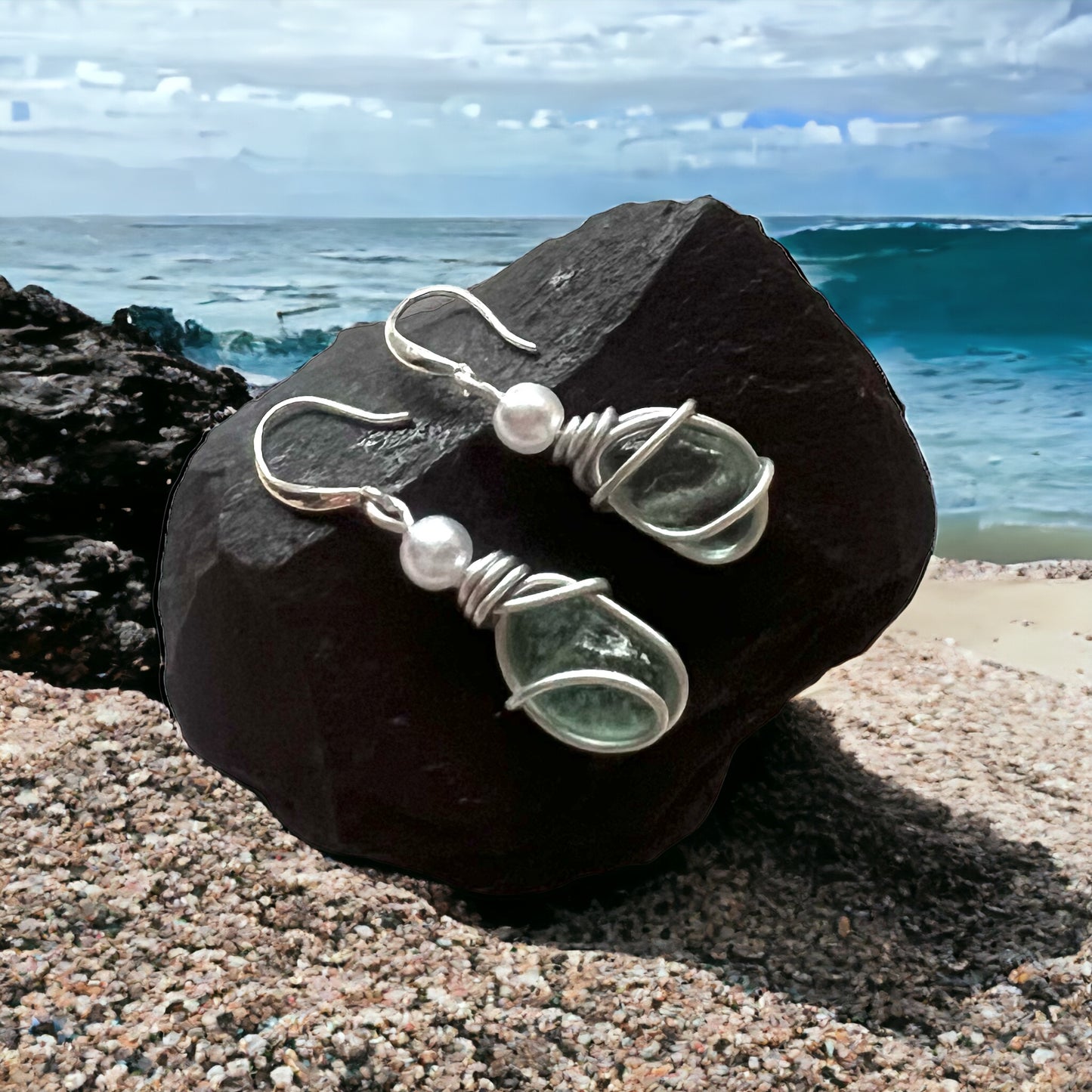 Sea Glass and Synthetic Pearl Earrings