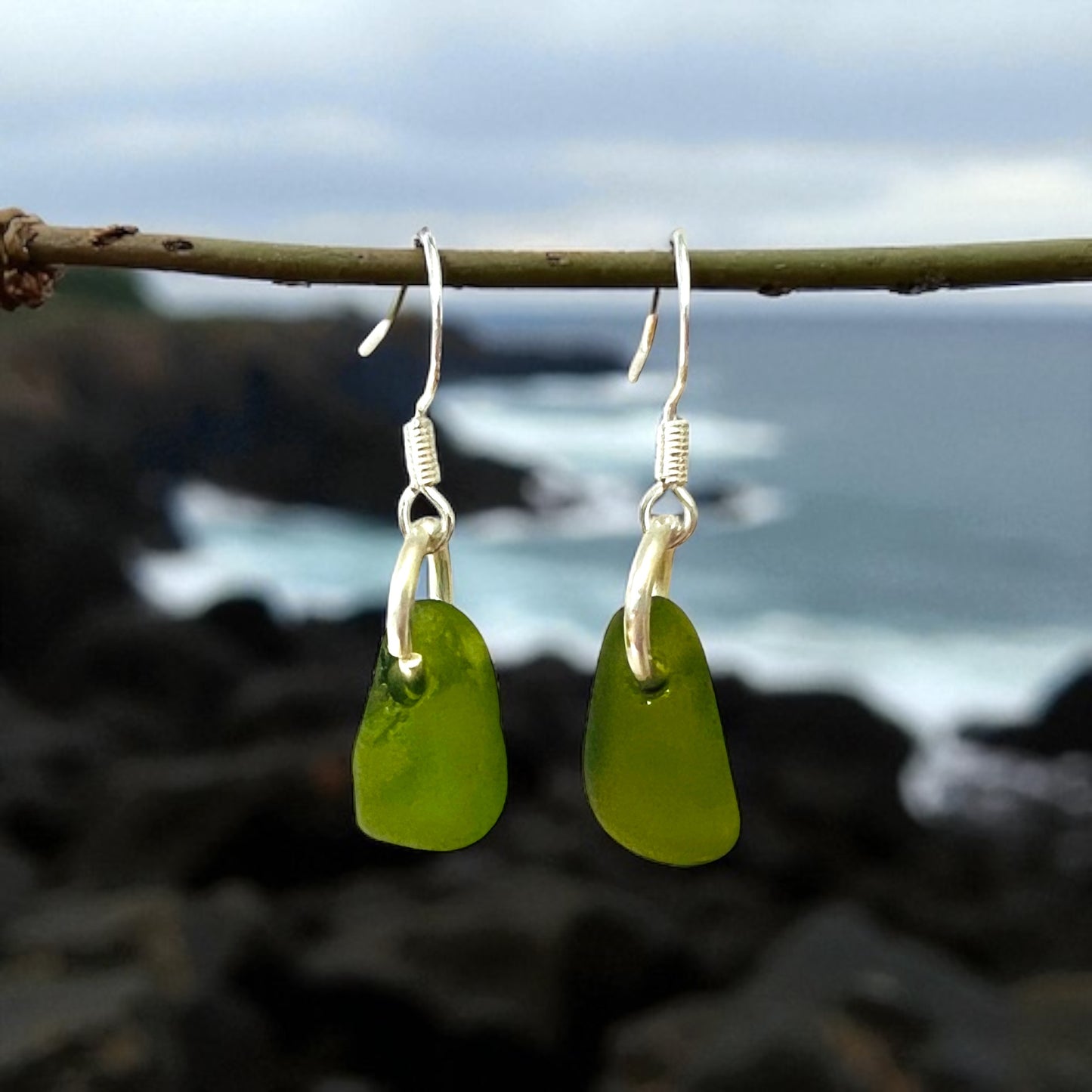 Lime Green Seaham Sea Glass Earrings