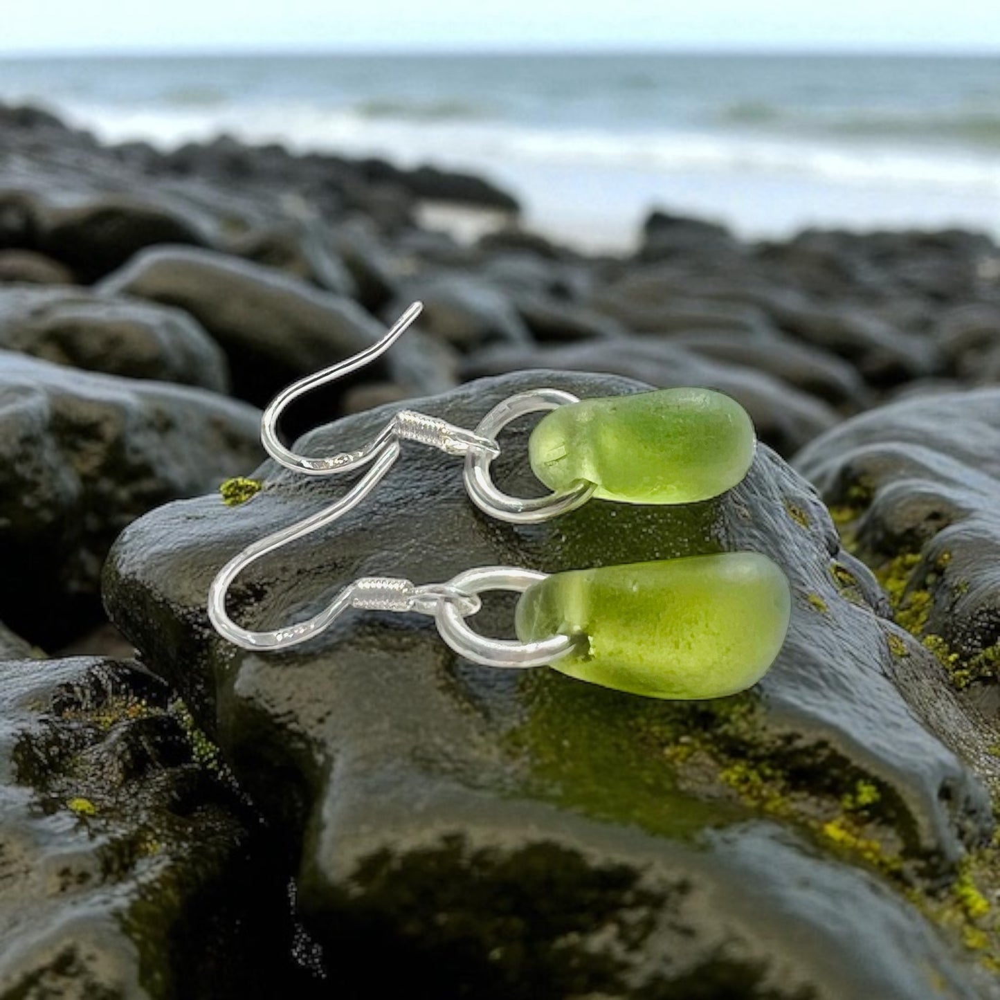 Lime Green Seaham Sea Glass Earrings