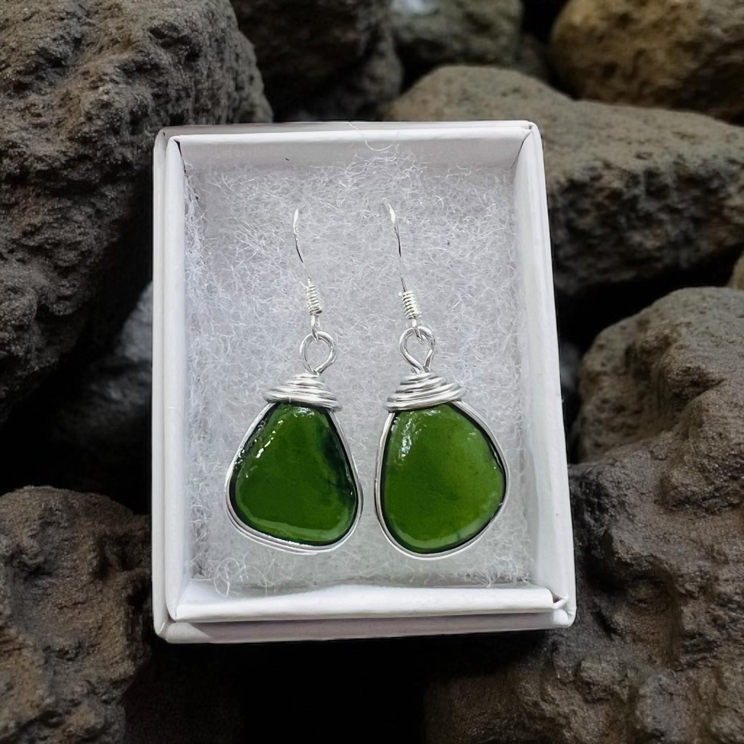 Chunky Green Seaham Sea Glass Earrings