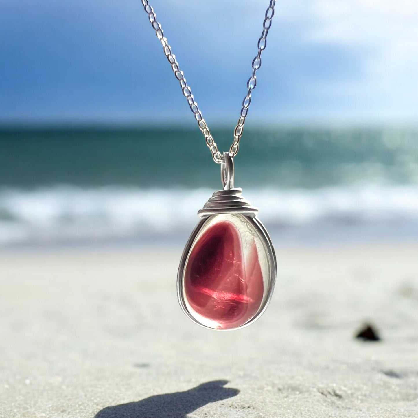 Large Burgundy Seaham Sea Glass Multi Pendant