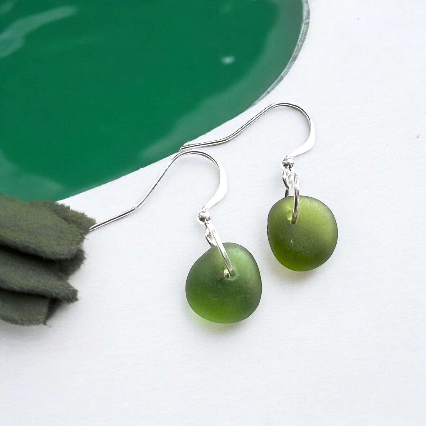 Dangly Green Cornish Sea Glass Earrings