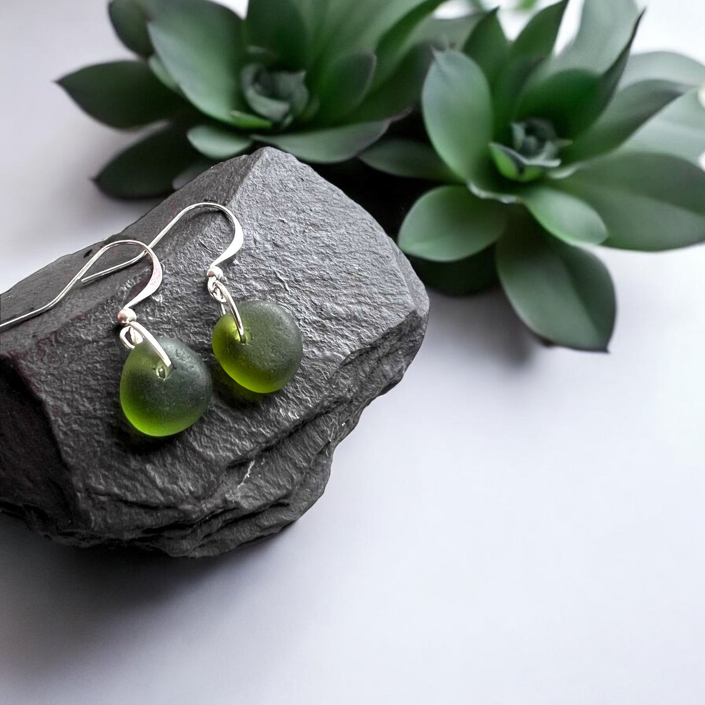 Dangly Green Cornish Sea Glass Earrings