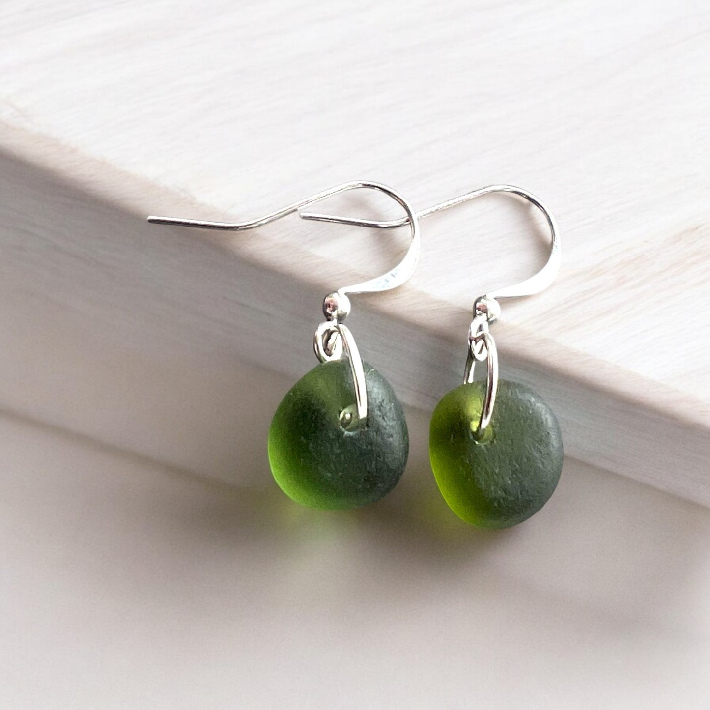 Dangly Green Cornish Sea Glass Earrings
