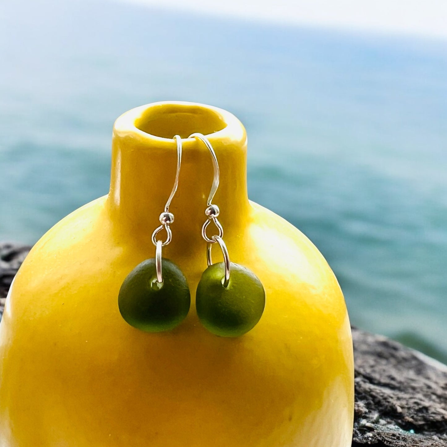 Dangly Green Cornish Sea Glass Earrings