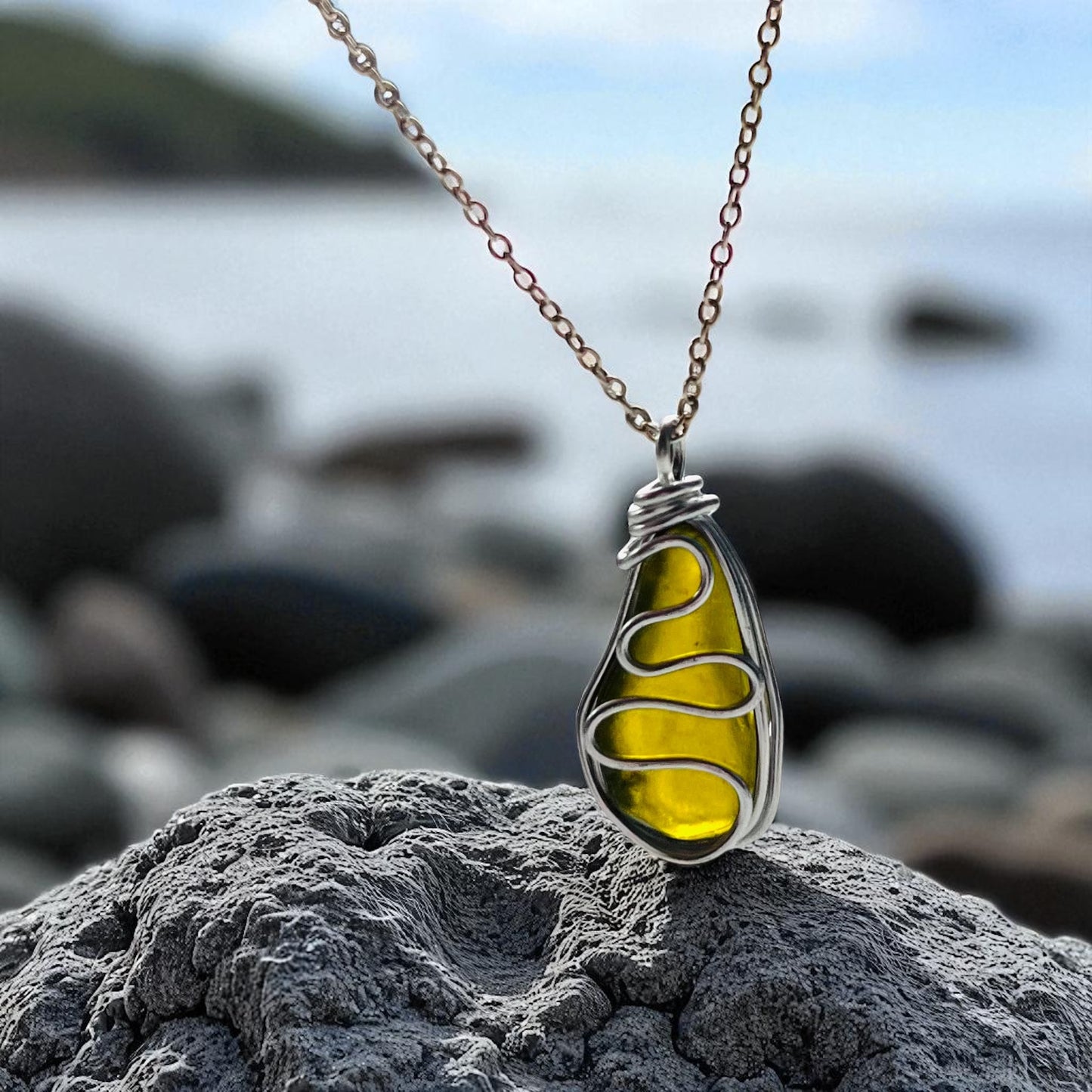 Olive Green Waves Seaham Sea Glass Pendant