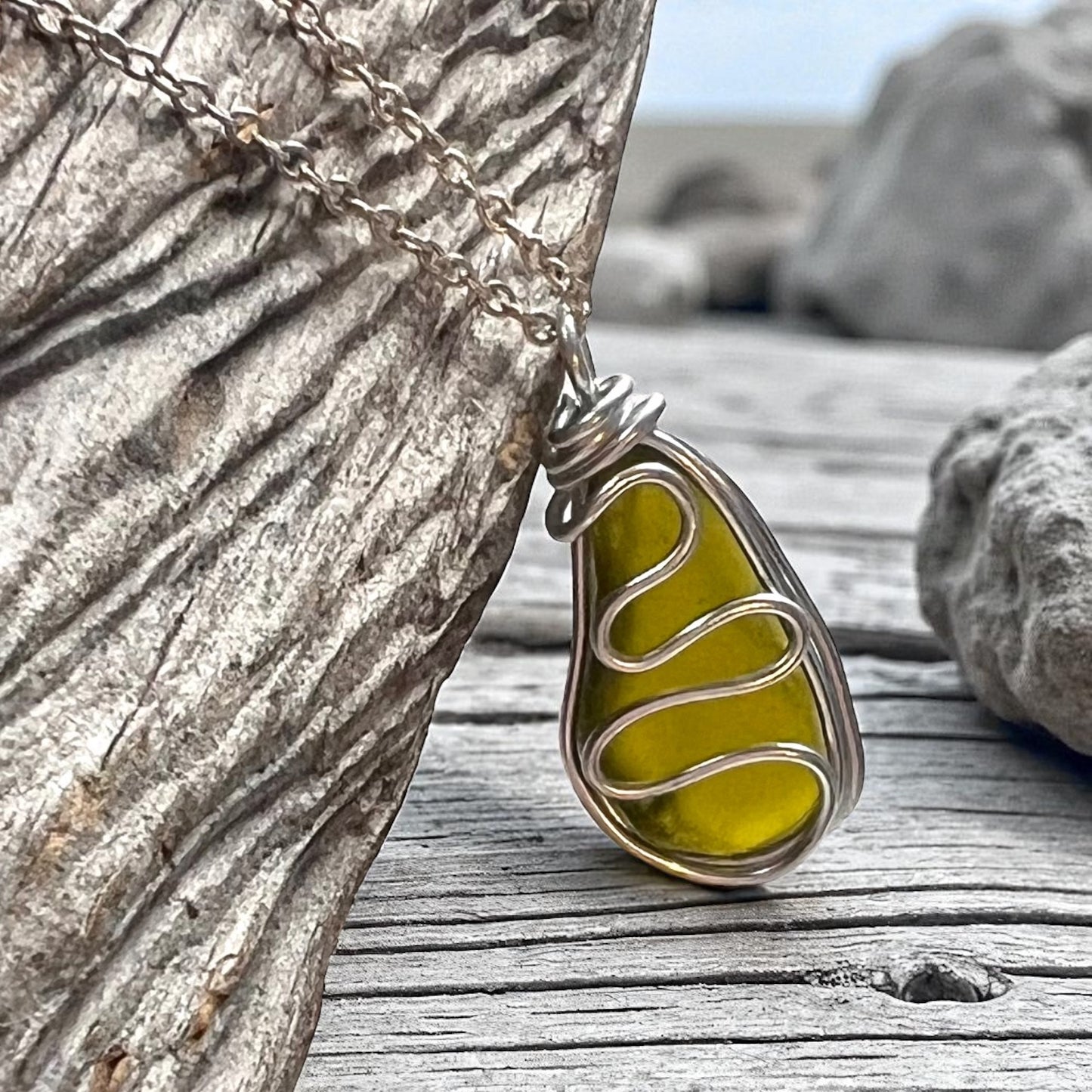 Olive Green Waves Seaham Sea Glass Pendant