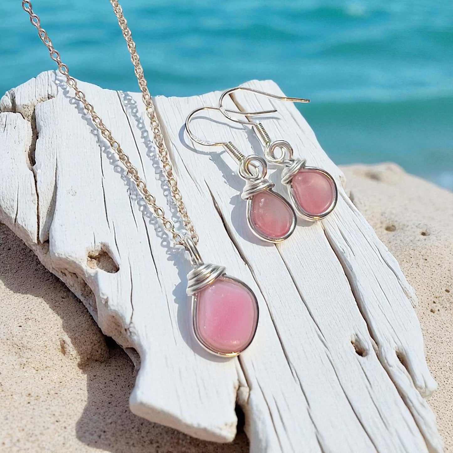 Pink Milky Sea Glass Jewellery Set