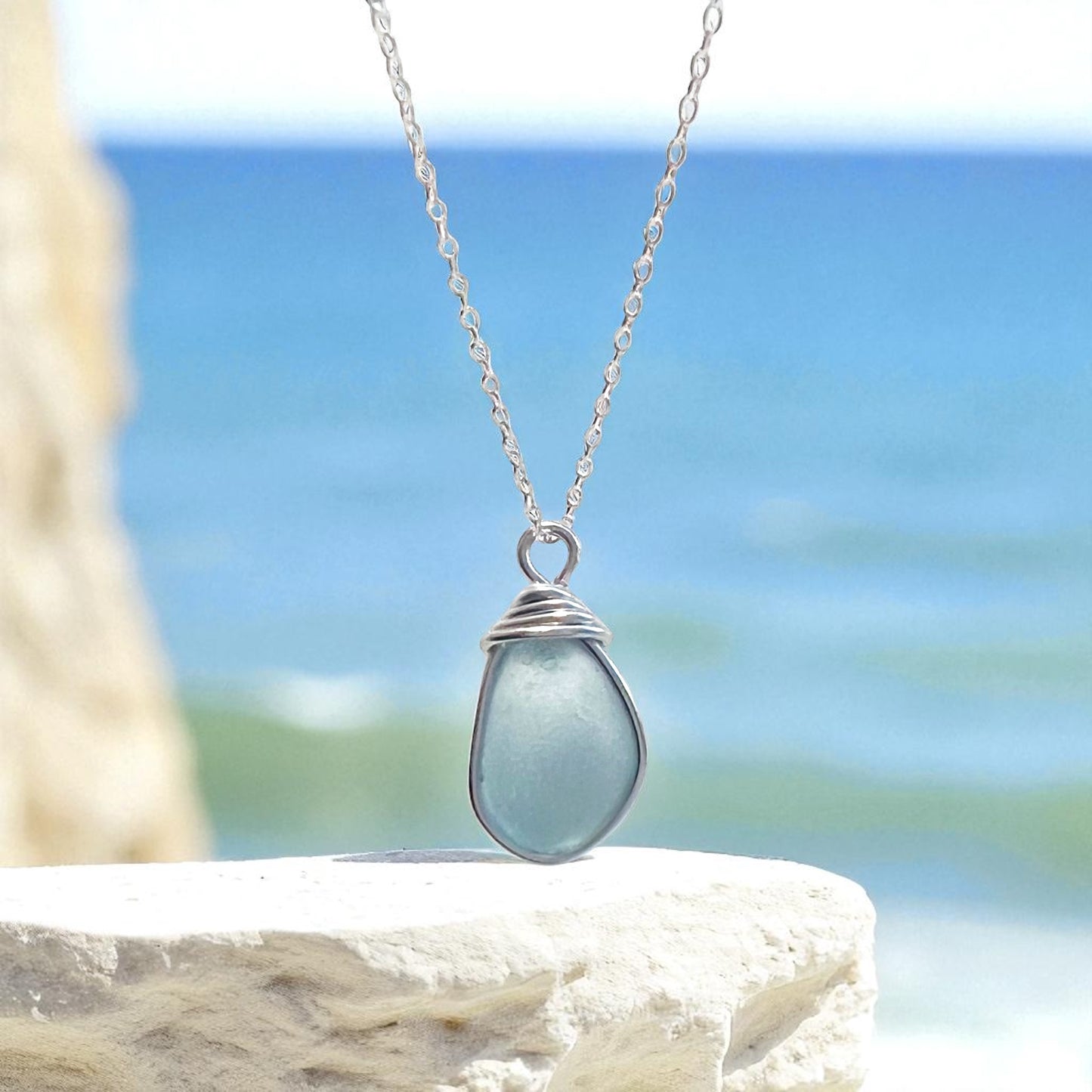 Rare Pale Blue Seaham Sea Glass Pendant