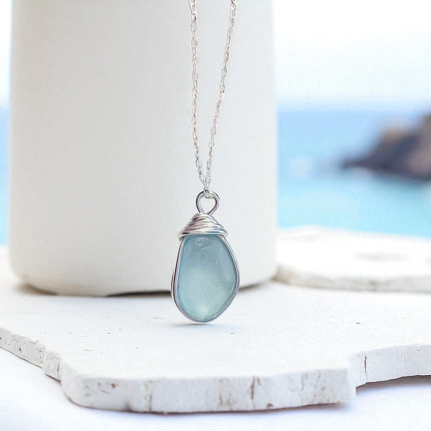 Rare Pale Blue Seaham Sea Glass Pendant